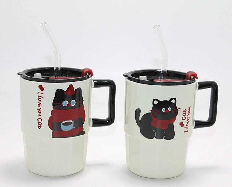 Sevimli Şaşkın Kedi Figürlü Pipetli Kapaklı Porselen Kupa Bardak Alk5042 - Lisinya