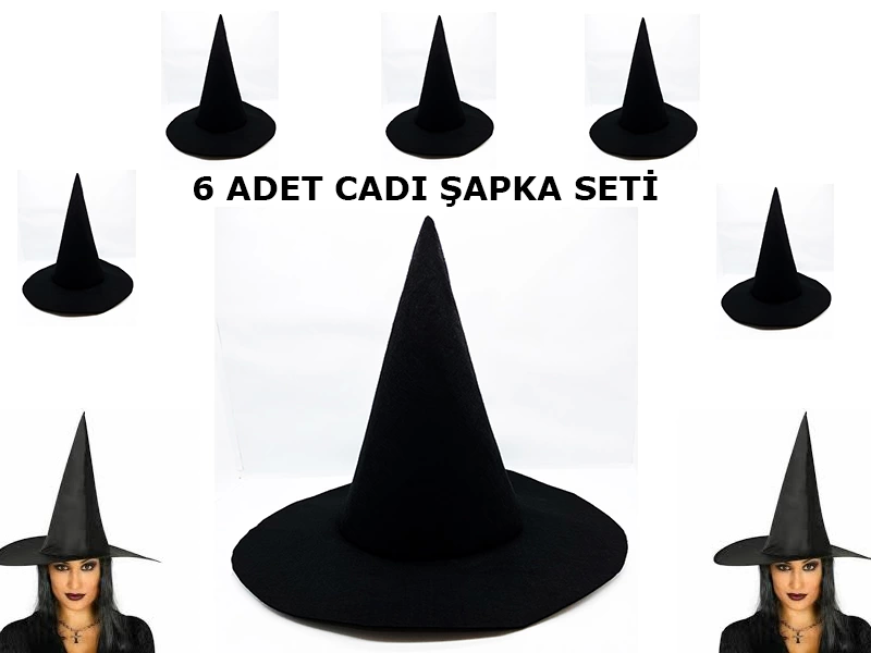 Siyah Cadı Şapkası Keçe Yetişkin Boy 6 Adet - Lisinya