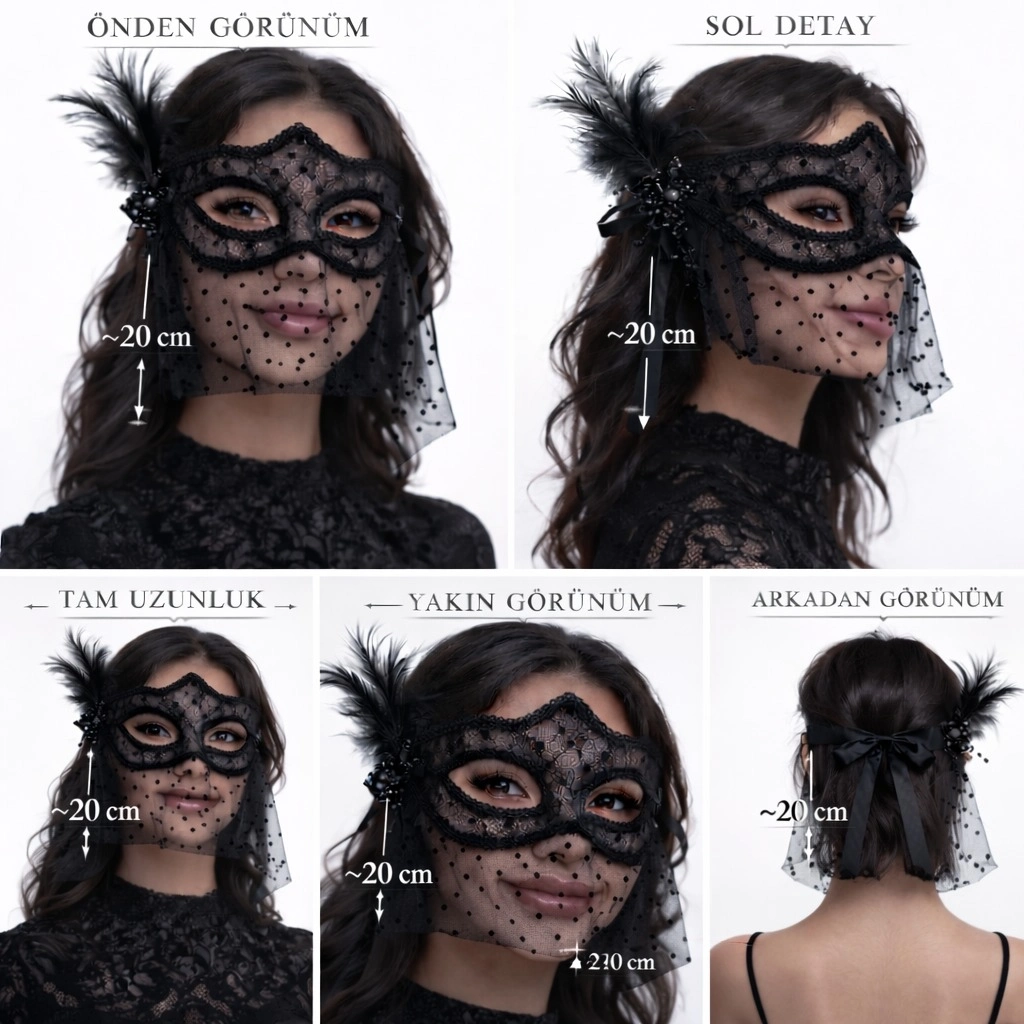 Siyah Dantel Tüllü Peçeli Parti Maskesi - Tüylü İnci Detaylı - Lisinya