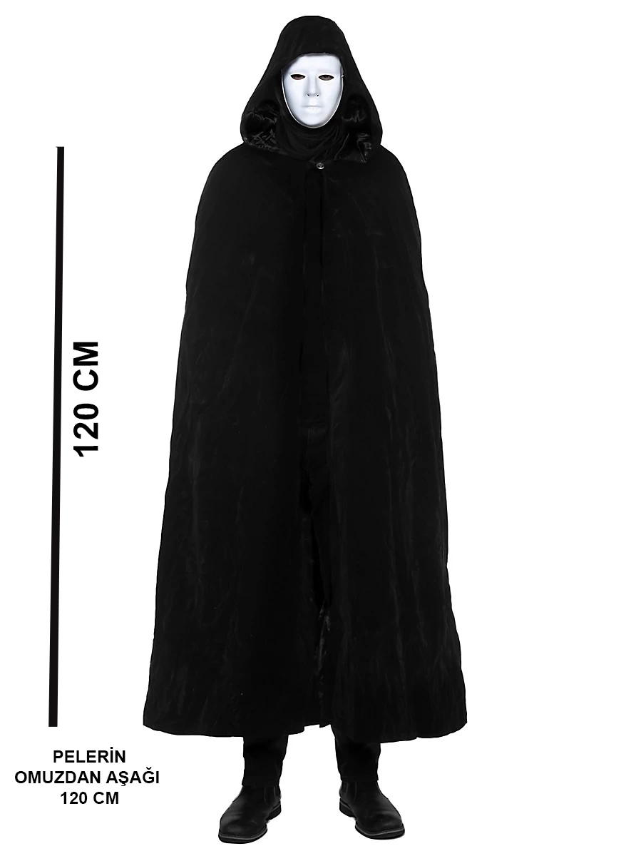 Siyah Kapüşonlu 120 Cm Pelerin Ve Beyaz Boyanabilir Tam Yüz Maske - Lisinya Siyah Kapüşonlu 120 Cm Pelerin Ve Beyaz Boyanabilir Tam Yüz Maske - Lisinya
