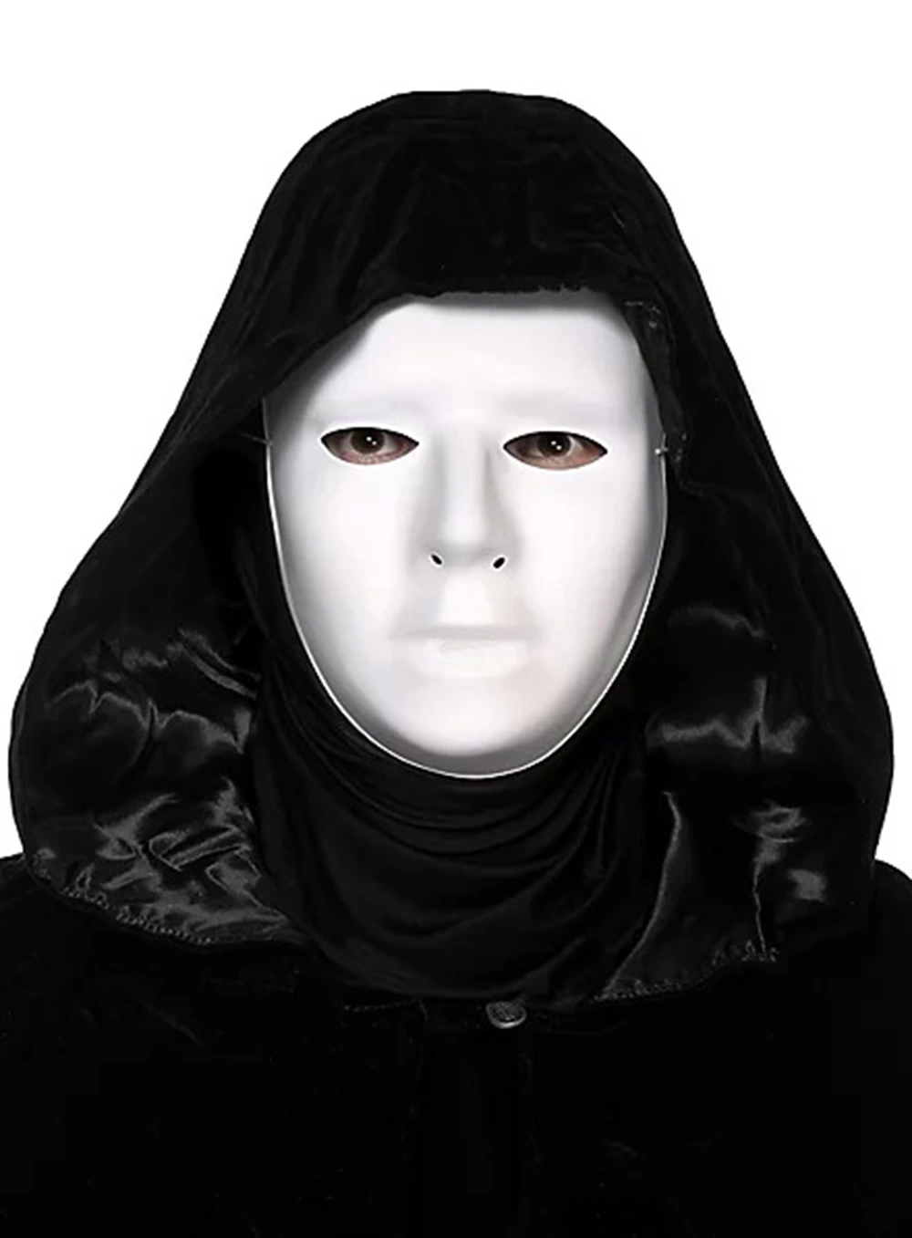 Siyah Kapüşonlu 120 Cm Pelerin Ve Beyaz Boyanabilir Tam Yüz Maske - Lisinya Siyah Kapüşonlu 120 Cm Pelerin Ve Beyaz Boyanabilir Tam Yüz Maske - Lisinya