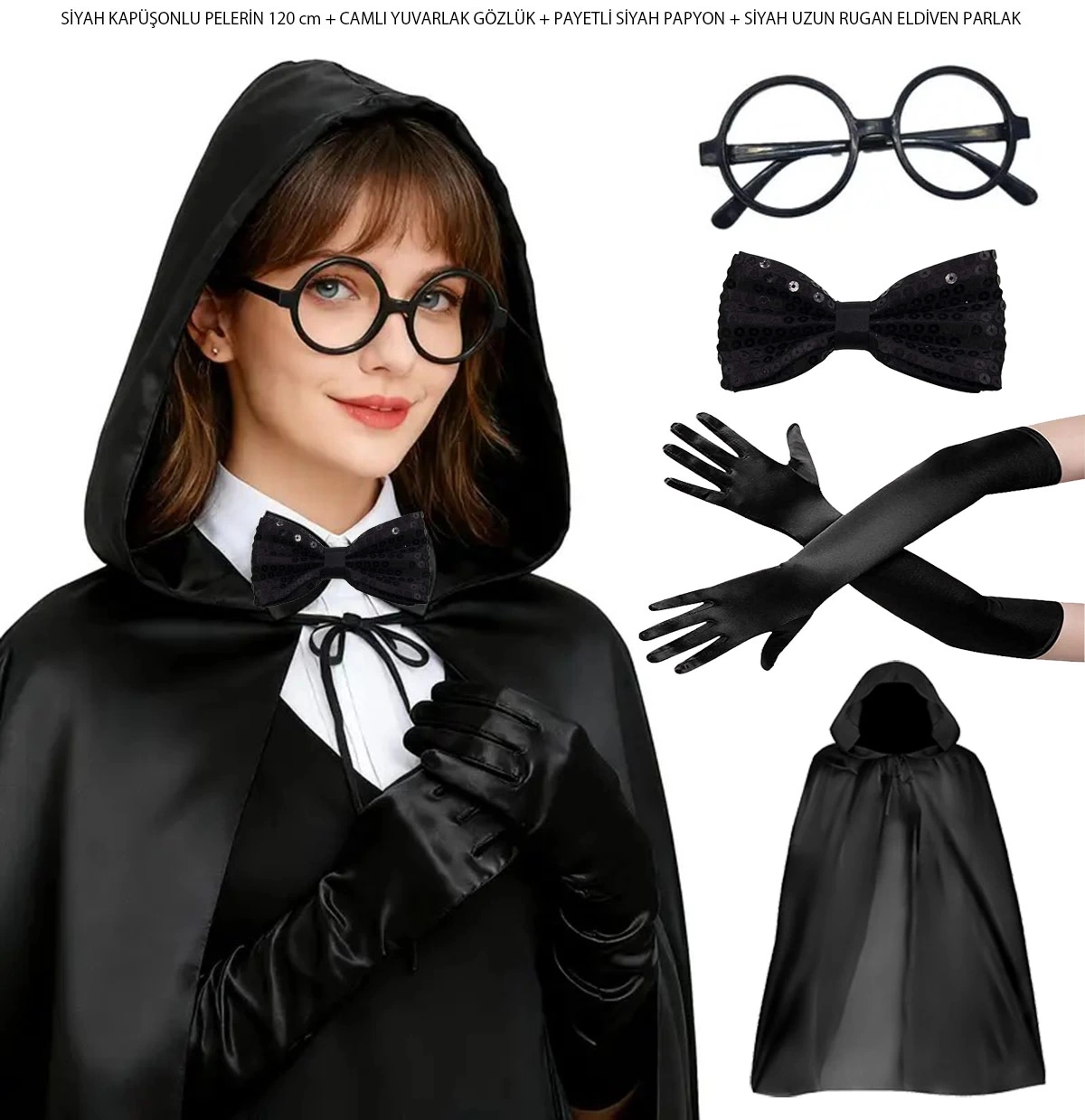 Siyah Kapüşonlu Büyücü Ve Cadı Pelerin Kostüm Seti (4 Parça) - Lisinya Siyah Kapüşonlu Büyücü Ve Cadı Pelerin Kostüm Seti (4 Parça) - Lisinya