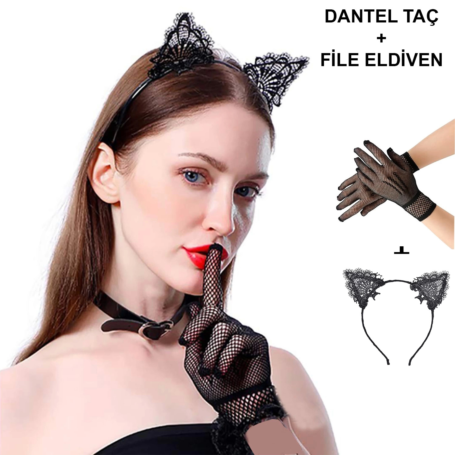 Siyah Kedi Dantel Taç + Eldiven Seti – Parti, Dans Ve Kostüm Kombini - Lisinya