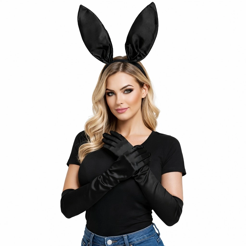 Siyah Parlak Tavşan Kulak Ve 40 Cm Parlak Siyah Eldiven Kostüm Seti - Lisinya