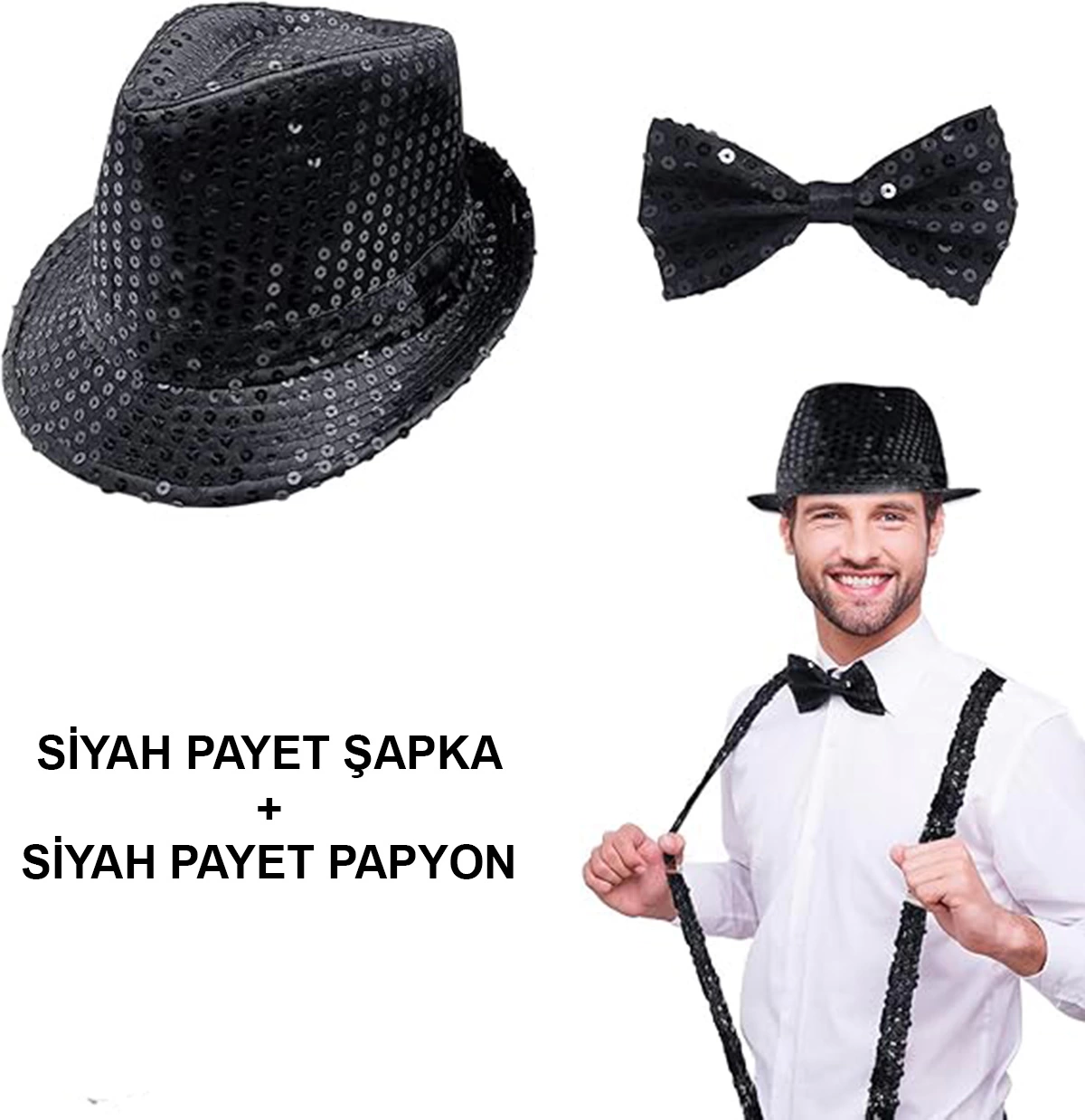 Siyah Payetli Şapka Ve Papyon Seti – Parıltılı Yetişkin Kostüm Seti - Lisinya