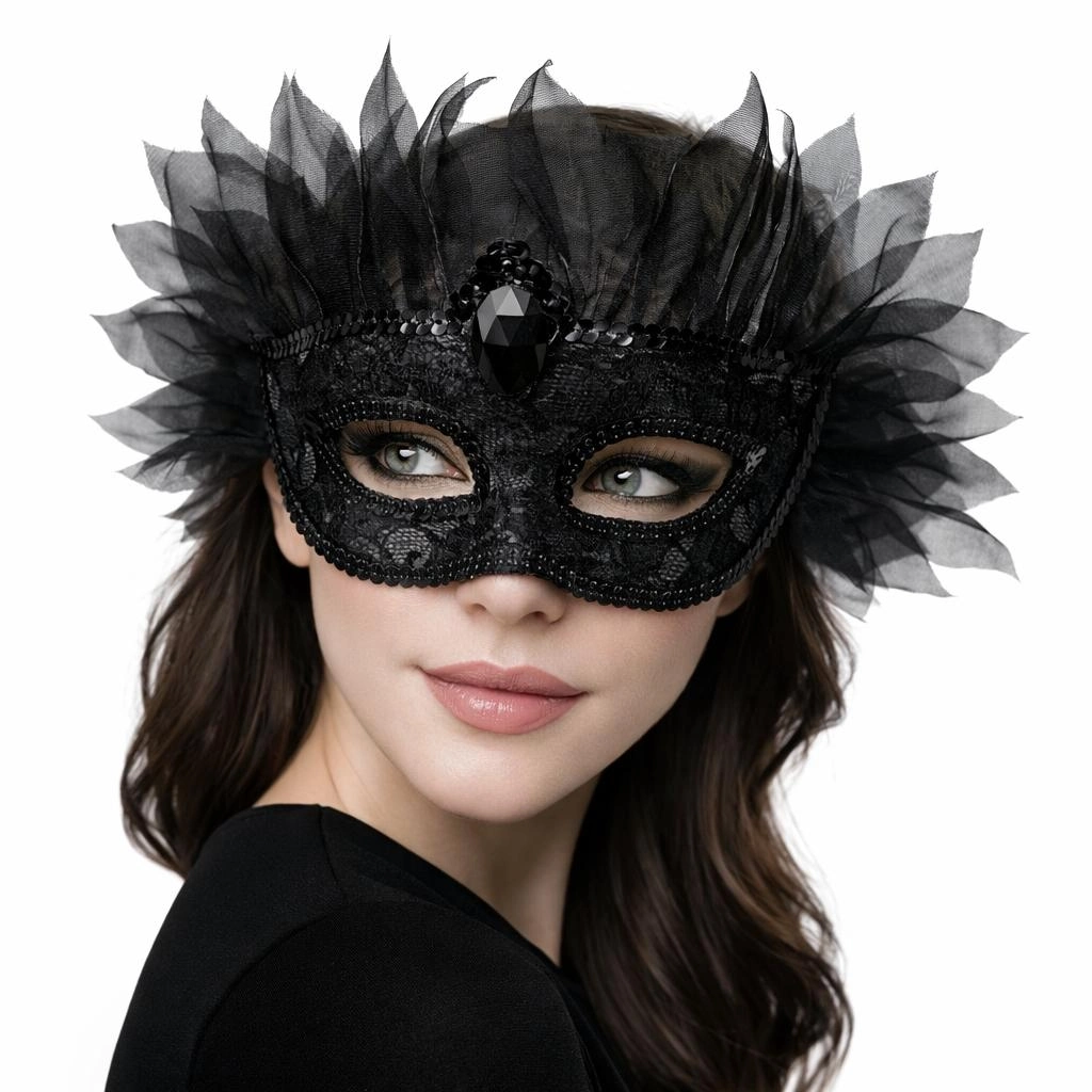 Siyah Taşlı Venedik Maskesi Lüks Tüllü Parti Maskesi - Lisinya