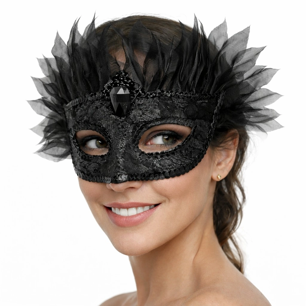 Siyah Taşlı Venedik Maskesi Lüks Tüllü Parti Maskesi - Lisinya