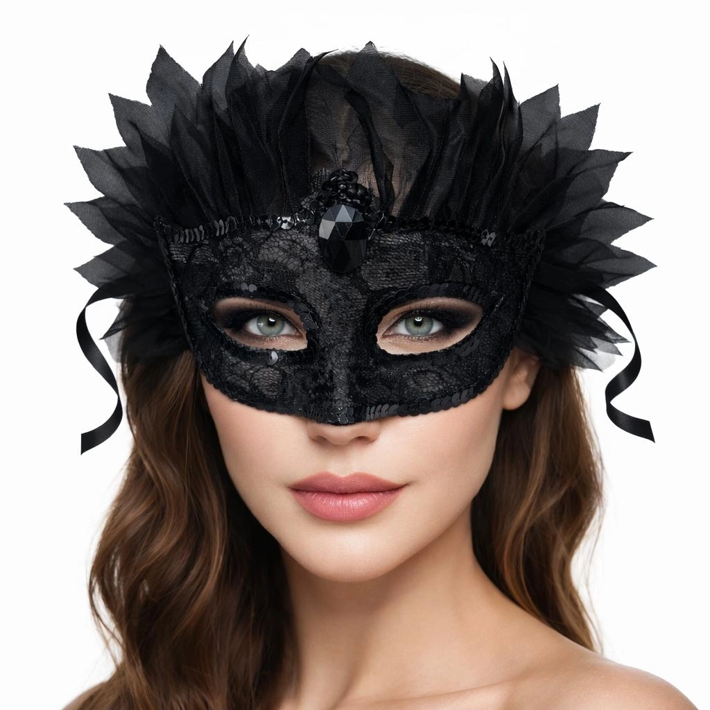 Siyah Taşlı Venedik Maskesi Lüks Tüllü Parti Maskesi - Lisinya