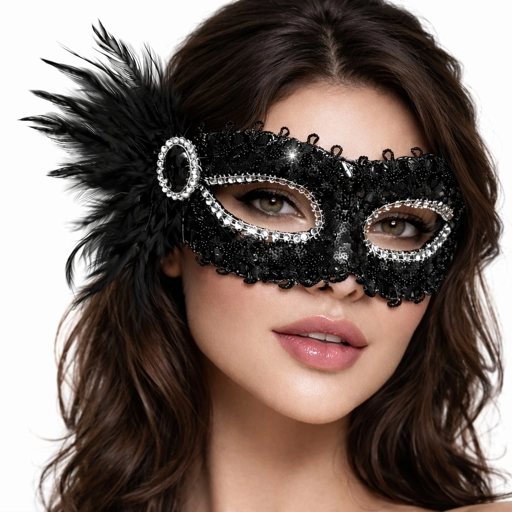 Siyah Taşlı Venedik Parti Maskesi – Tüylü Payetli - Lisinya