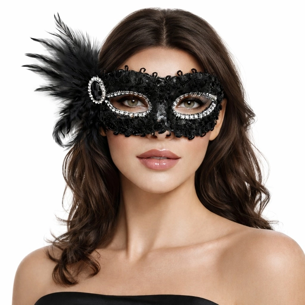 Siyah Taşlı Venedik Parti Maskesi – Tüylü Payetli - Lisinya