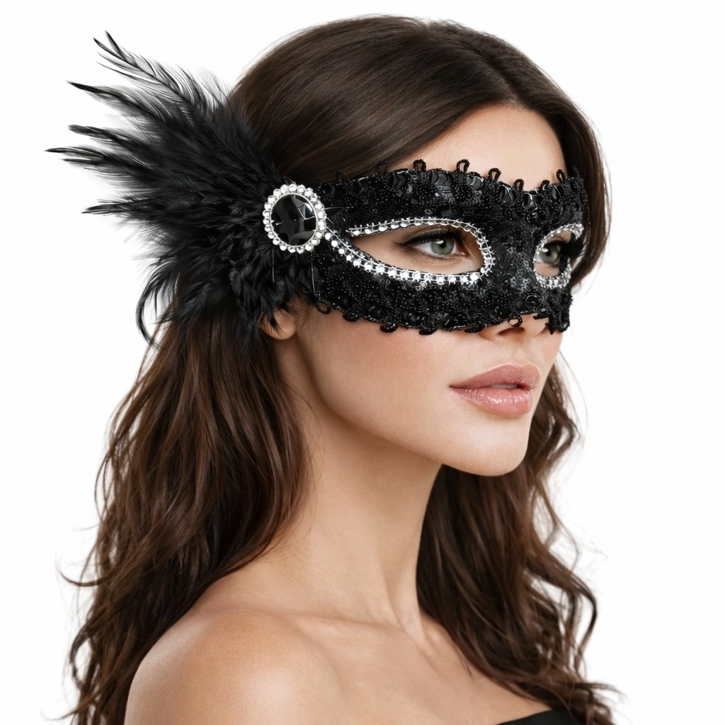 Siyah Taşlı Venedik Parti Maskesi – Tüylü Payetli - Lisinya