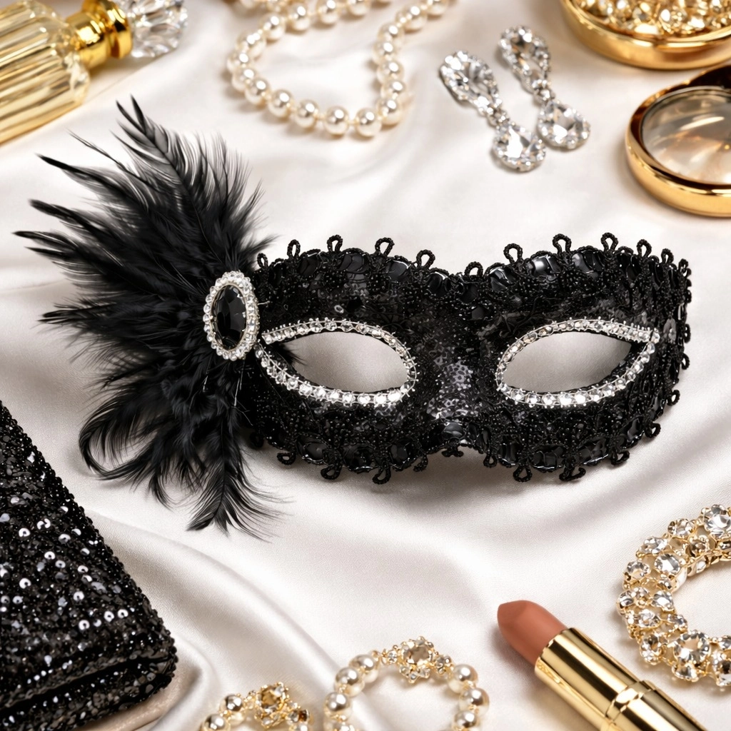 Siyah Taşlı Venedik Parti Maskesi – Tüylü Payetli - Lisinya