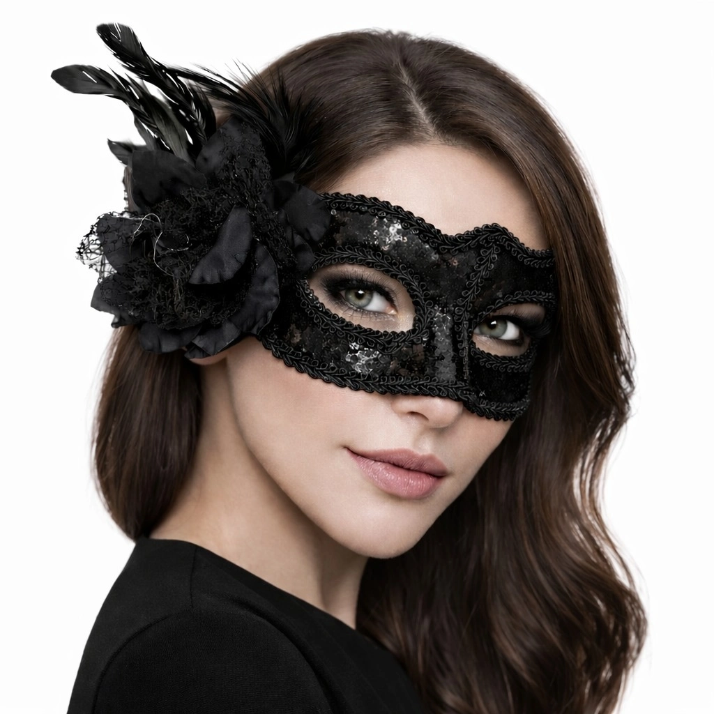 Siyah Venedik Parti Maskesi – Çiçekli Tüylü Payetli - Lisinya