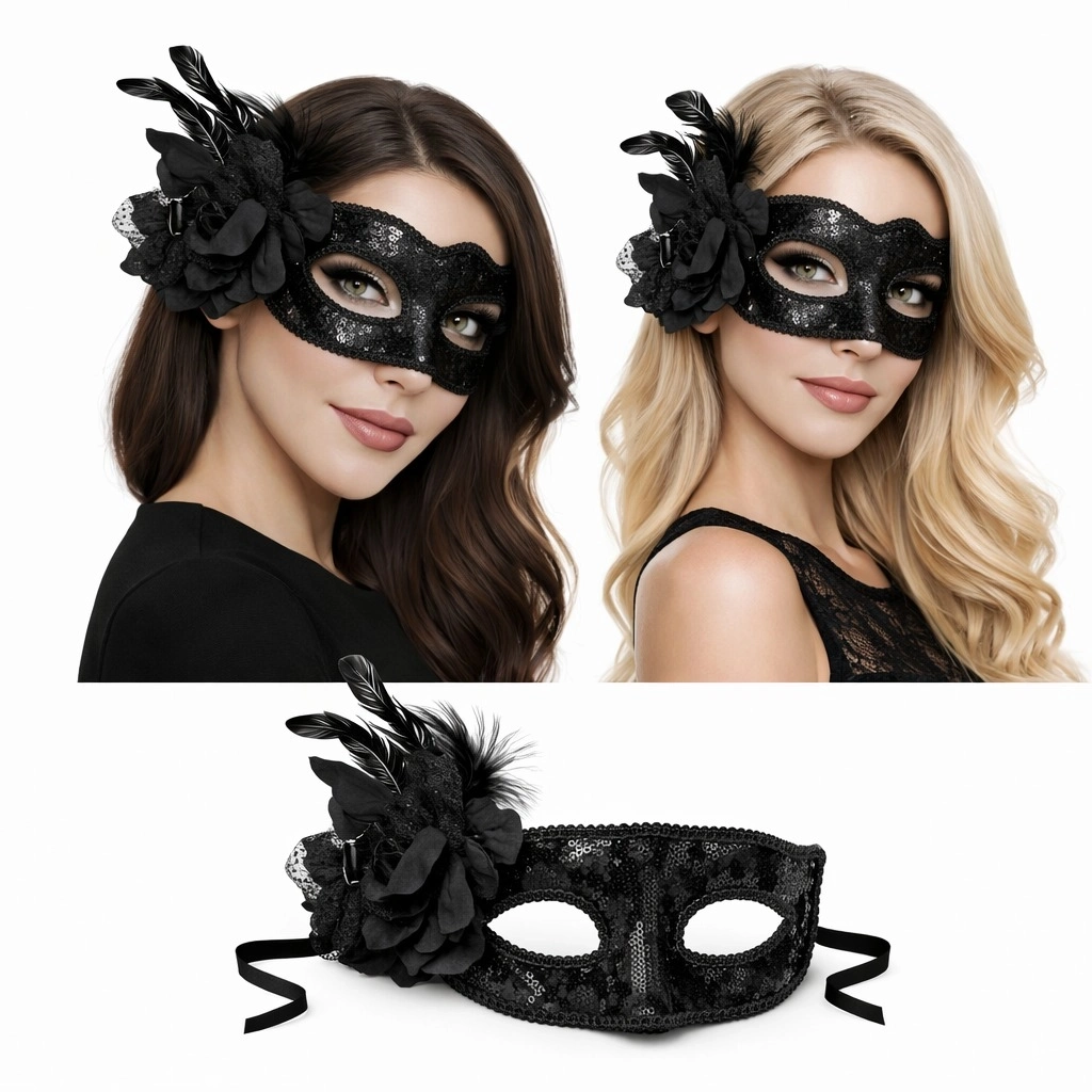 Siyah Venedik Parti Maskesi – Çiçekli Tüylü Payetli - Lisinya