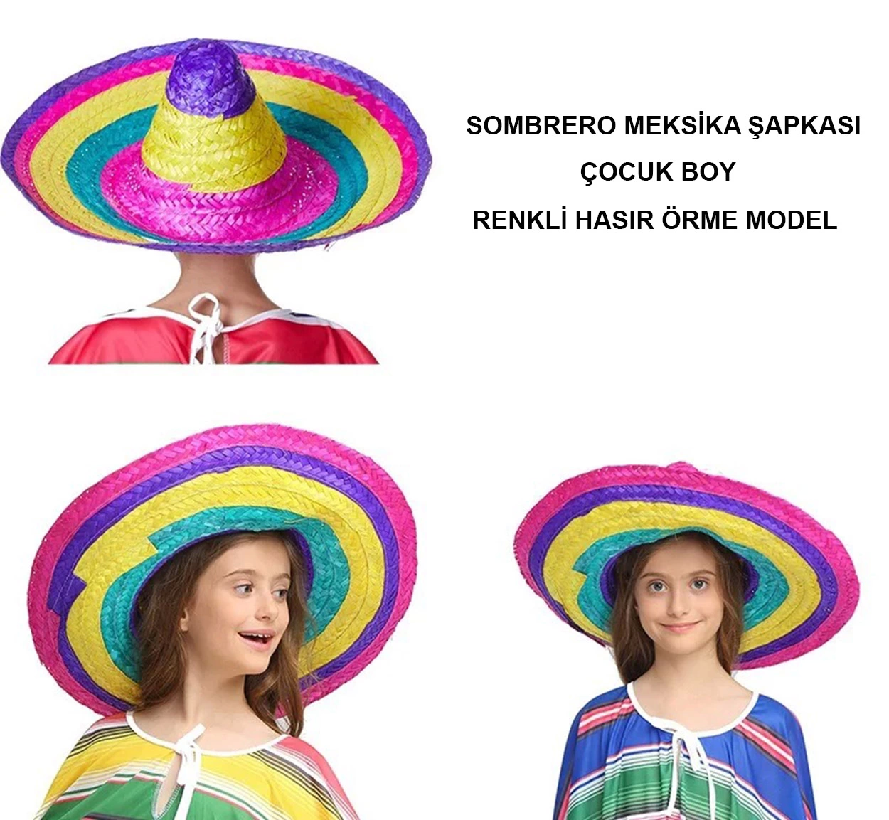 Sombrero Meksika Şapkası Renkli Örme Hasır Çocuk Boy - Lisinya