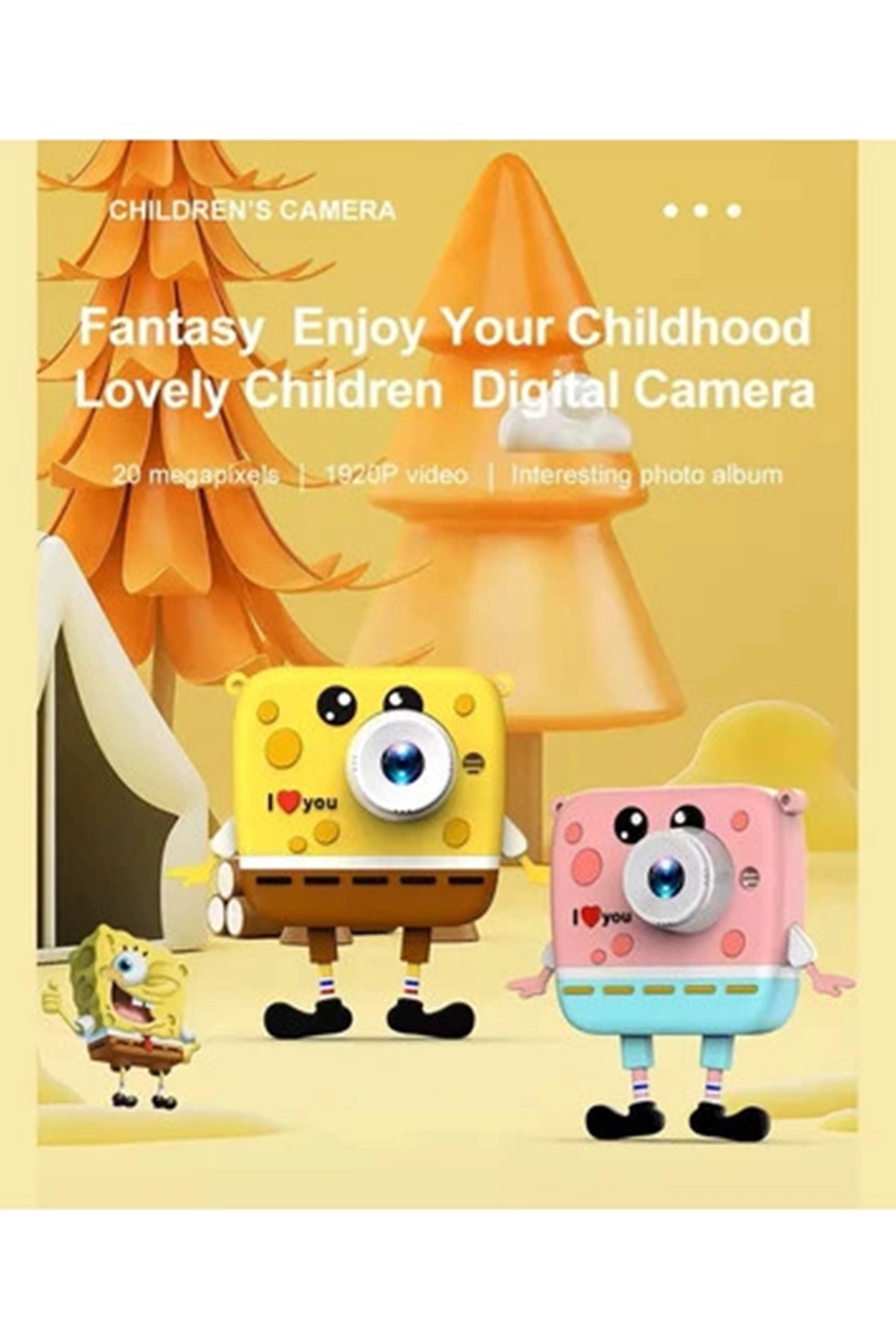 Sünger Bob Tasarımlı Yeni Nesil Çocuk Dijital Mini Fotoğraf Makinesi Çift Kamera - Lisinya