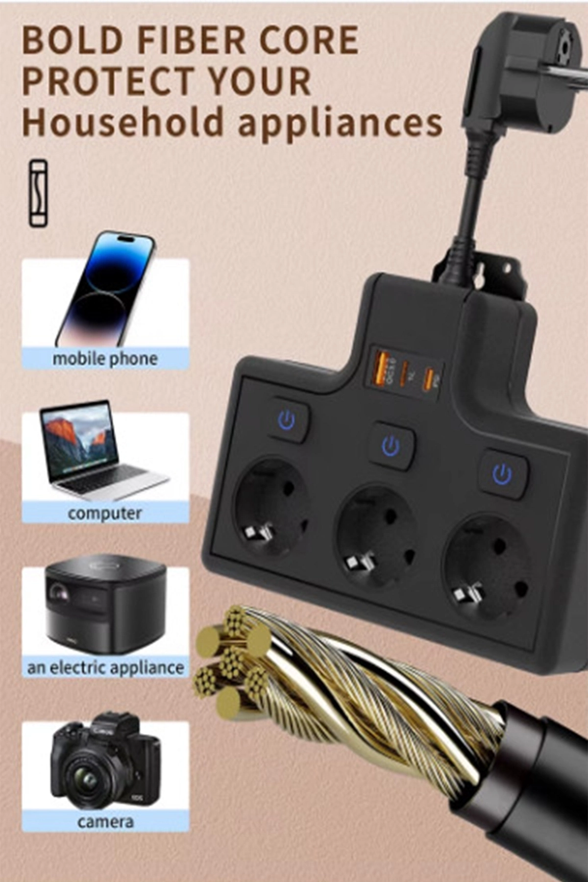 Termal Akım Korumalı 3’lü Duvar Tipi Priz 1x Usb 2x Type-c Çıkışlı Grup Priz Çoğaltıcı (3500w) - Lisinya