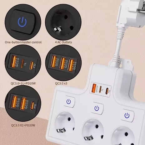 Termal Akım Korumalı 3’lü Duvar Tipi Priz 1x Usb 2x Type-c Çıkışlı Grup Priz Çoğaltıcı (3500w) - Lisinya
