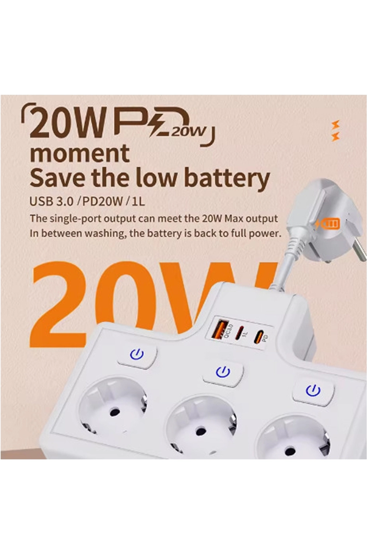 Termal Akım Korumalı 3’lü Duvar Tipi Priz 1x Usb 2x Type-c Çıkışlı Grup Priz Çoğaltıcı (3500w) - Lisinya