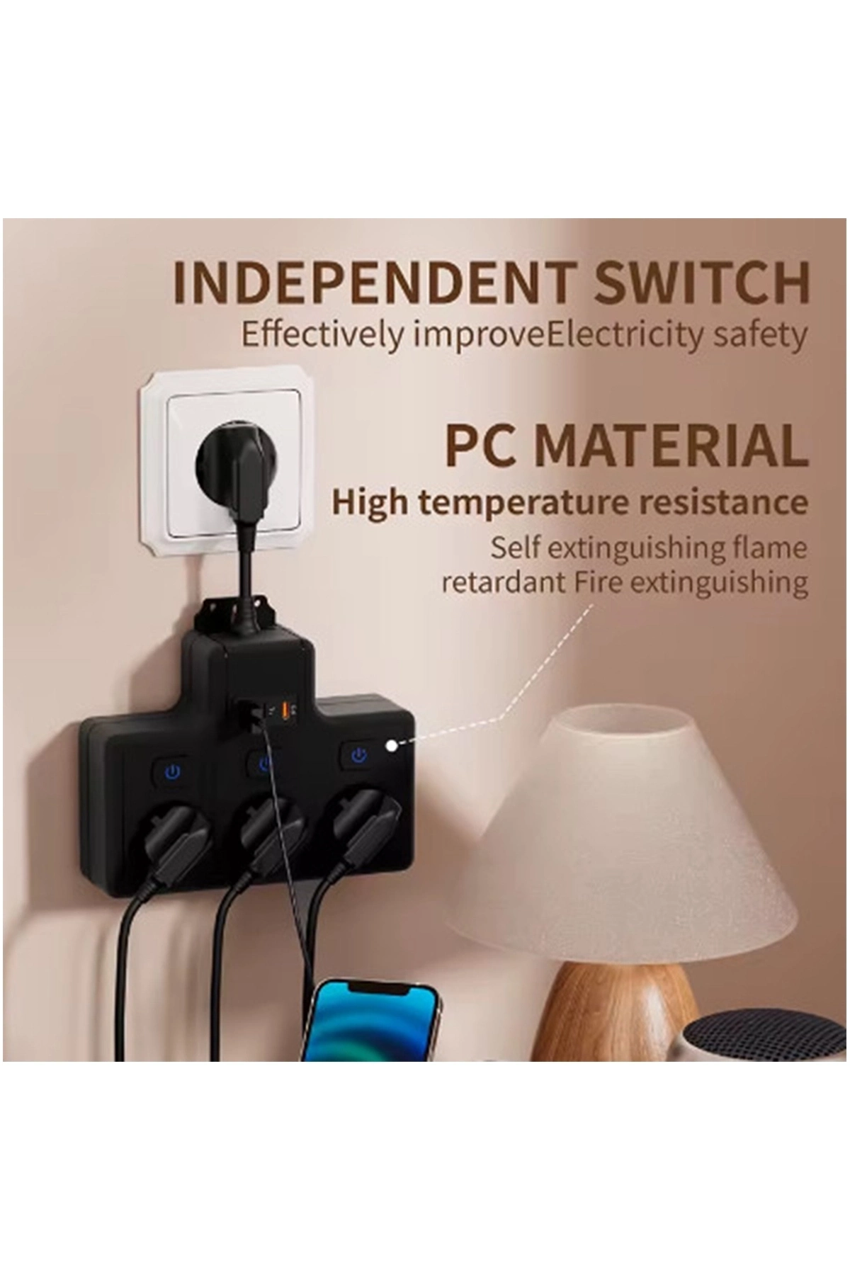 Termal Akım Korumalı 3’lü Duvar Tipi Priz 1x Usb 2x Type-c Çıkışlı Grup Priz Çoğaltıcı (3500w) - Lisinya