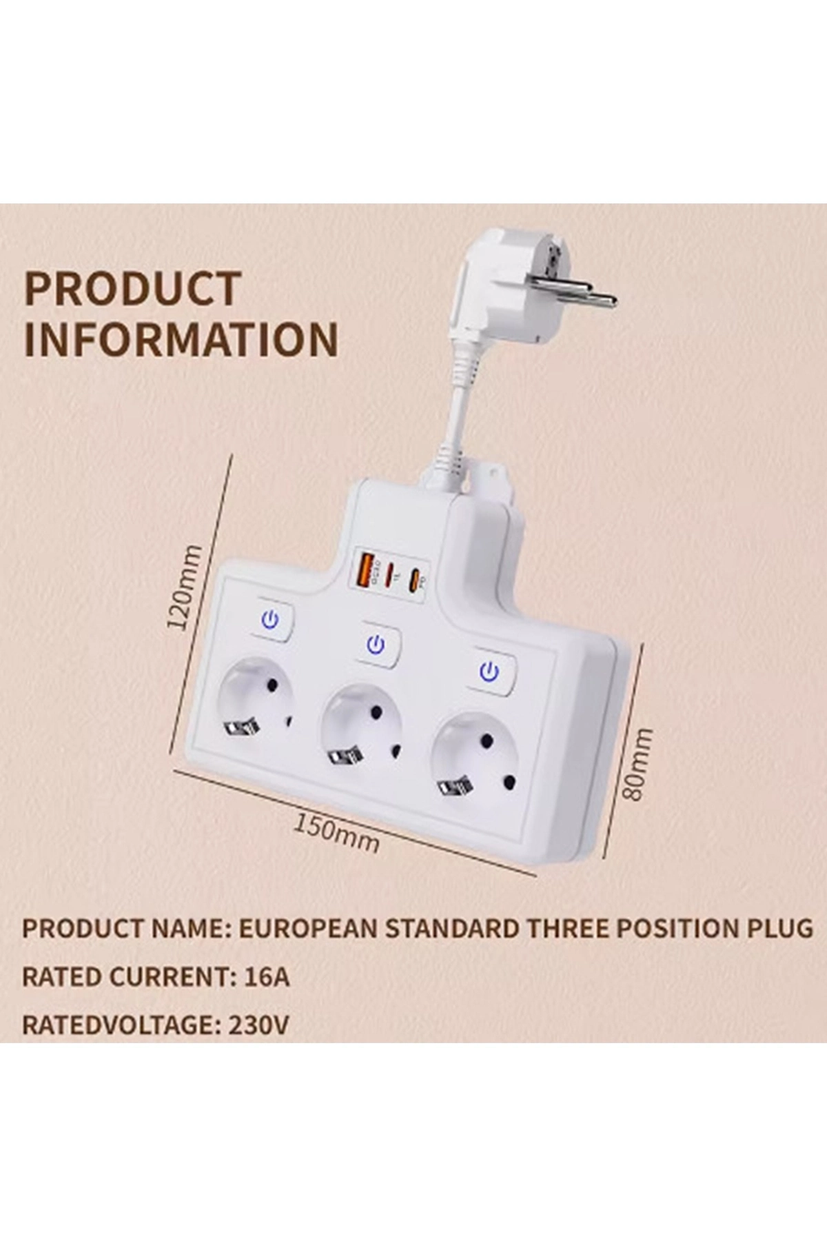 Termal Akım Korumalı 3’lü Duvar Tipi Priz 1x Usb 2x Type-c Çıkışlı Grup Priz Çoğaltıcı (3500w) - Lisinya
