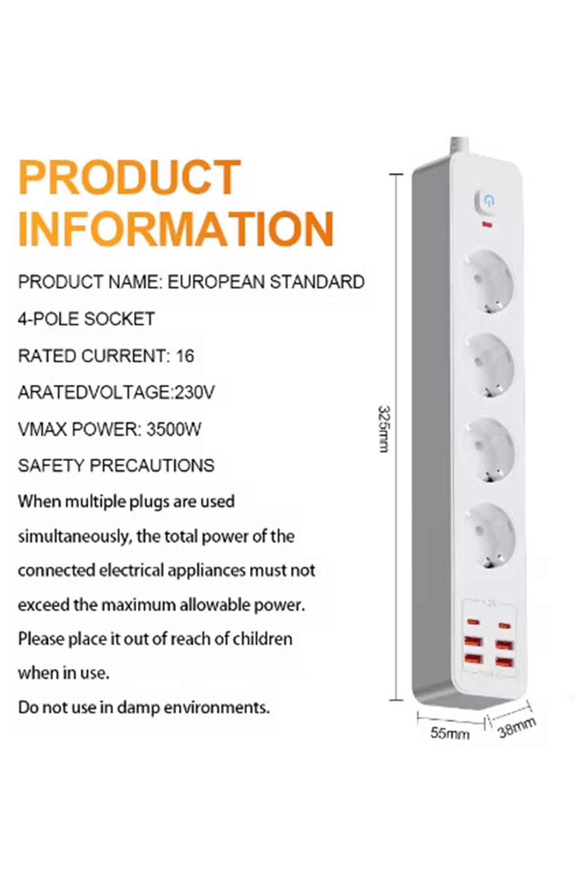 Termal Akım Korumalı 4’lü Priz 4x Usb 2x Type-c Çıkışlı Grup Priz Çoğaltıcı (3500w) - Lisinya