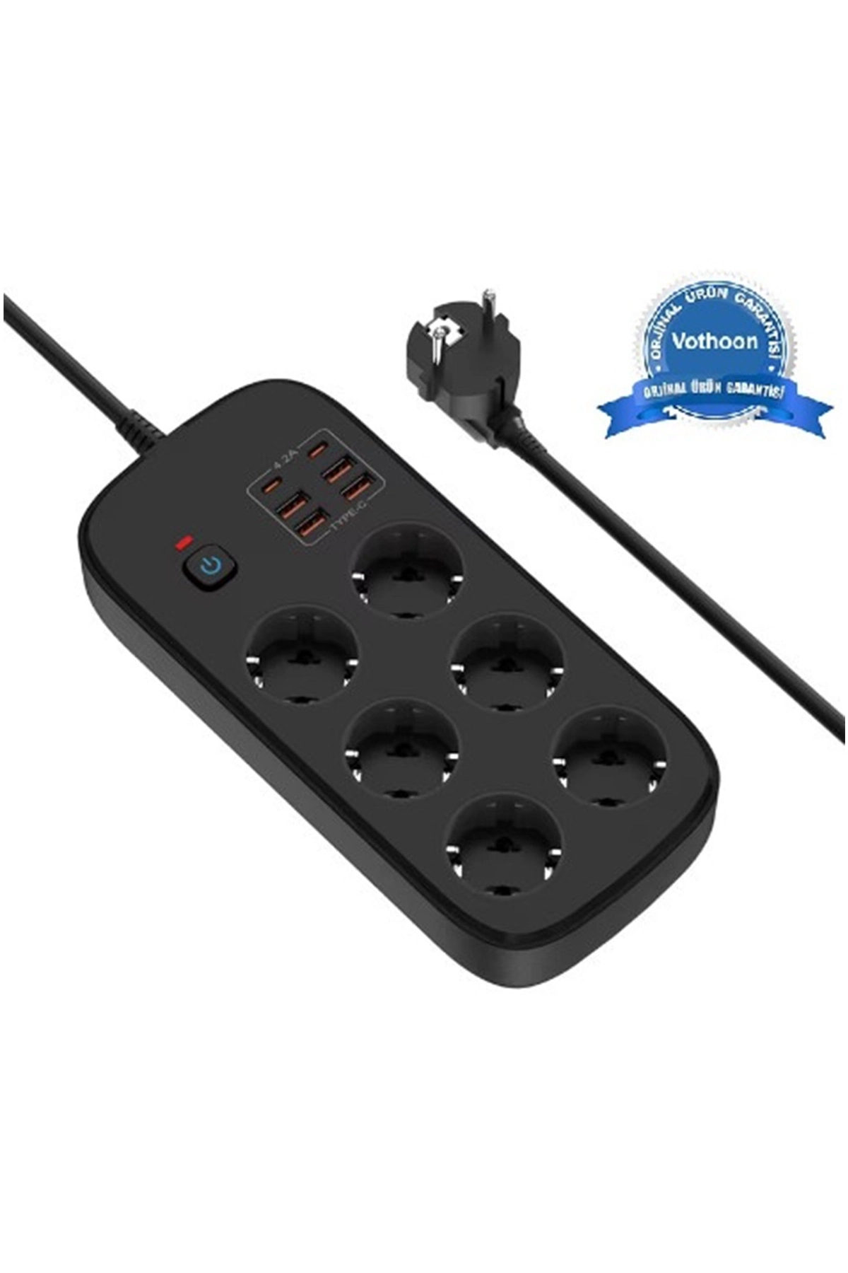 Termal Akım Korumalı 6’lü Priz 4x Usb 2x Type-c Çıkışlı Grup Priz Çoğaltıcı (3500w) Siyah - Lisinya