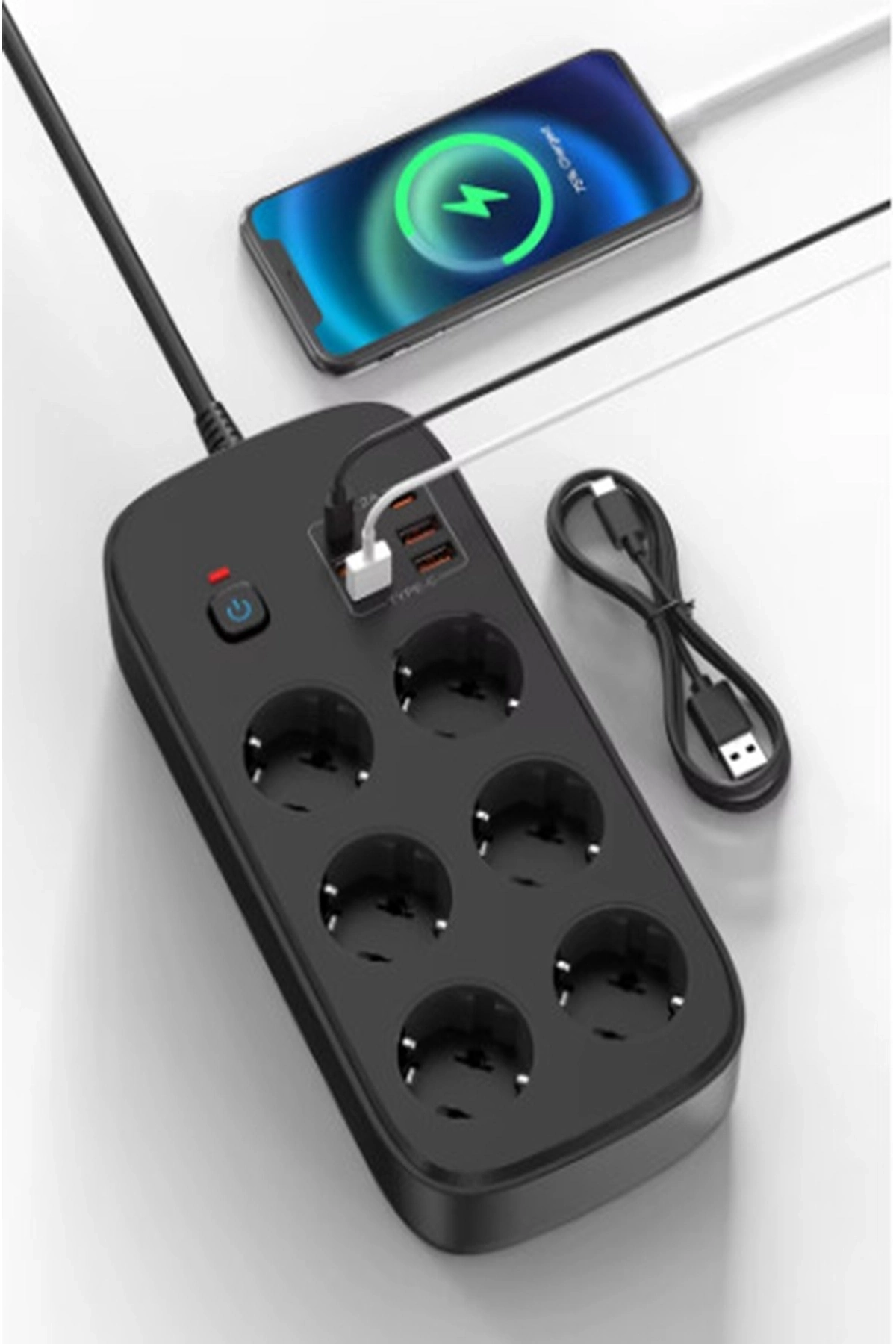 Termal Akım Korumalı 6’lü Priz 4x Usb 2x Type-c Çıkışlı Grup Priz Çoğaltıcı (3500w) Siyah - Lisinya