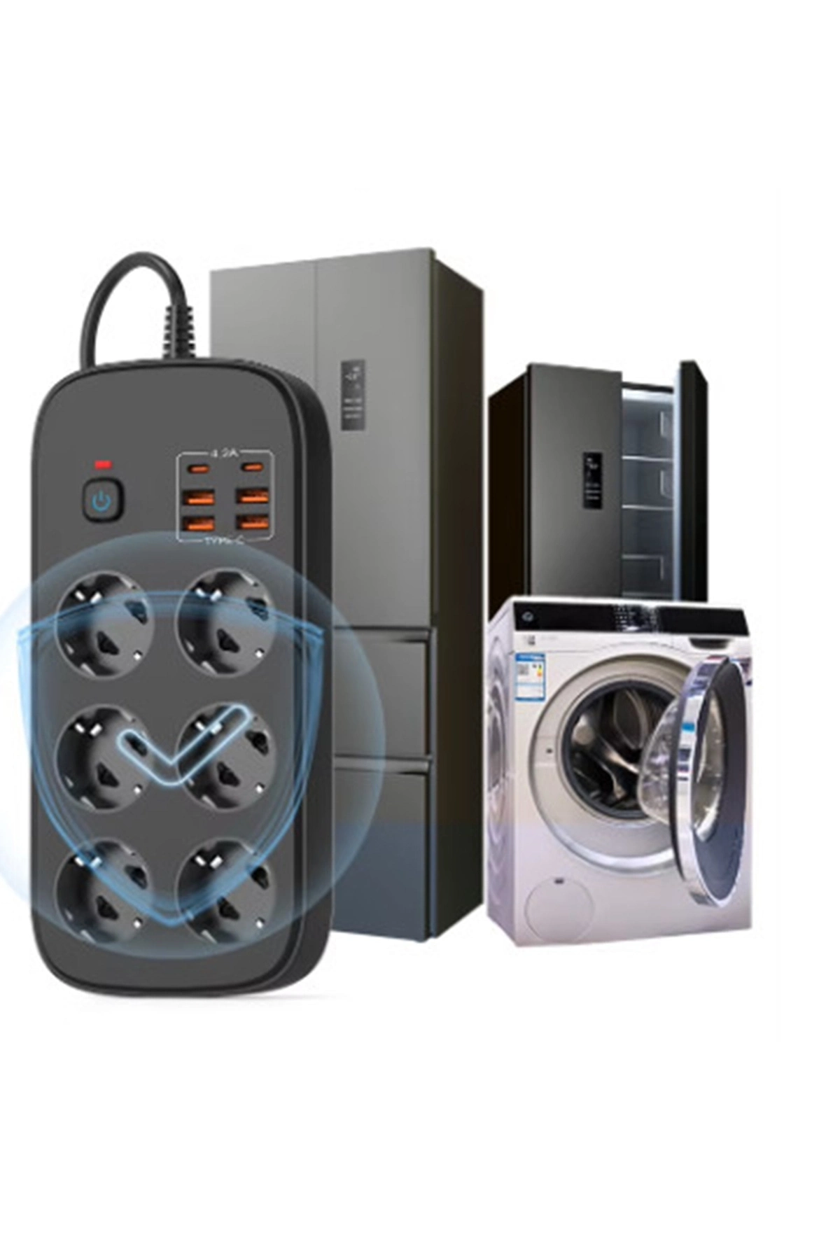Termal Akım Korumalı 6’lü Priz 4x Usb 2x Type-c Çıkışlı Grup Priz Çoğaltıcı (3500w) Siyah - Lisinya