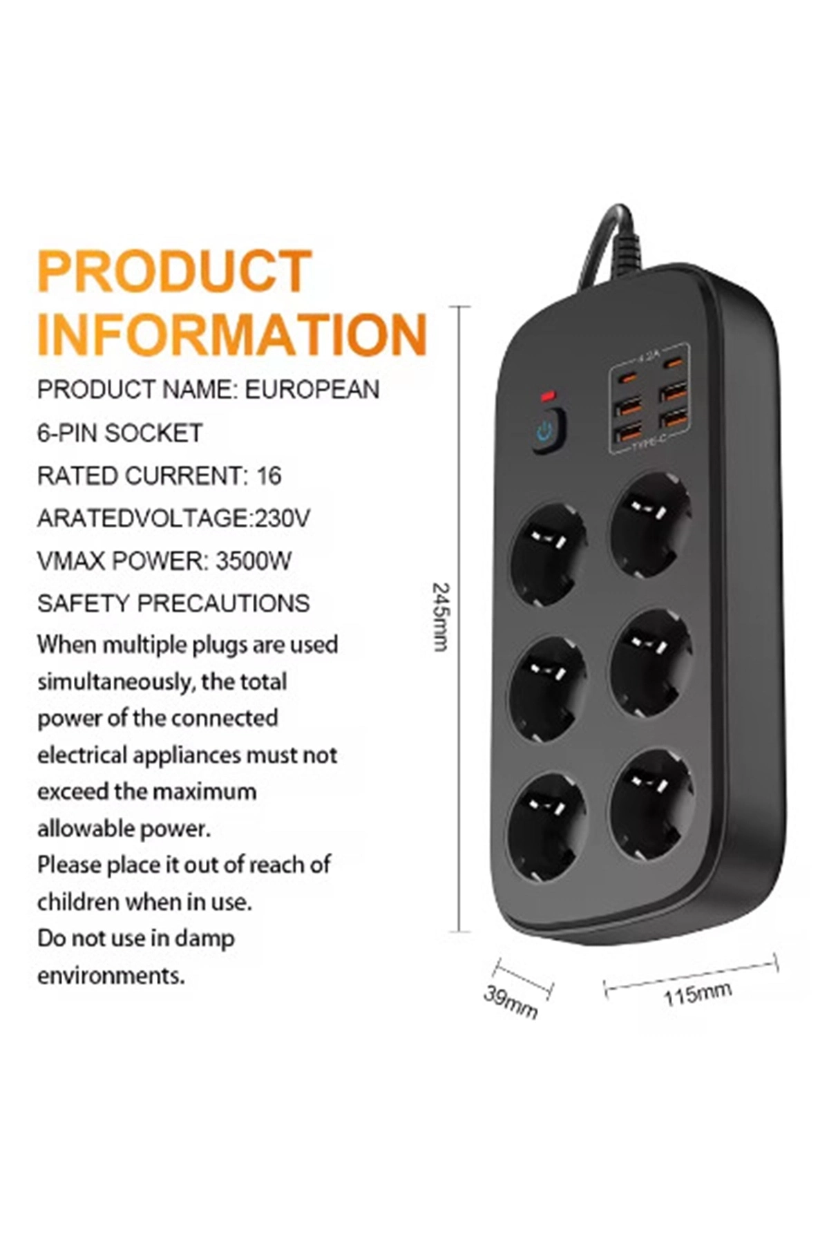 Termal Akım Korumalı 6’lü Priz 4x Usb 2x Type-c Çıkışlı Grup Priz Çoğaltıcı (3500w) Siyah - Lisinya