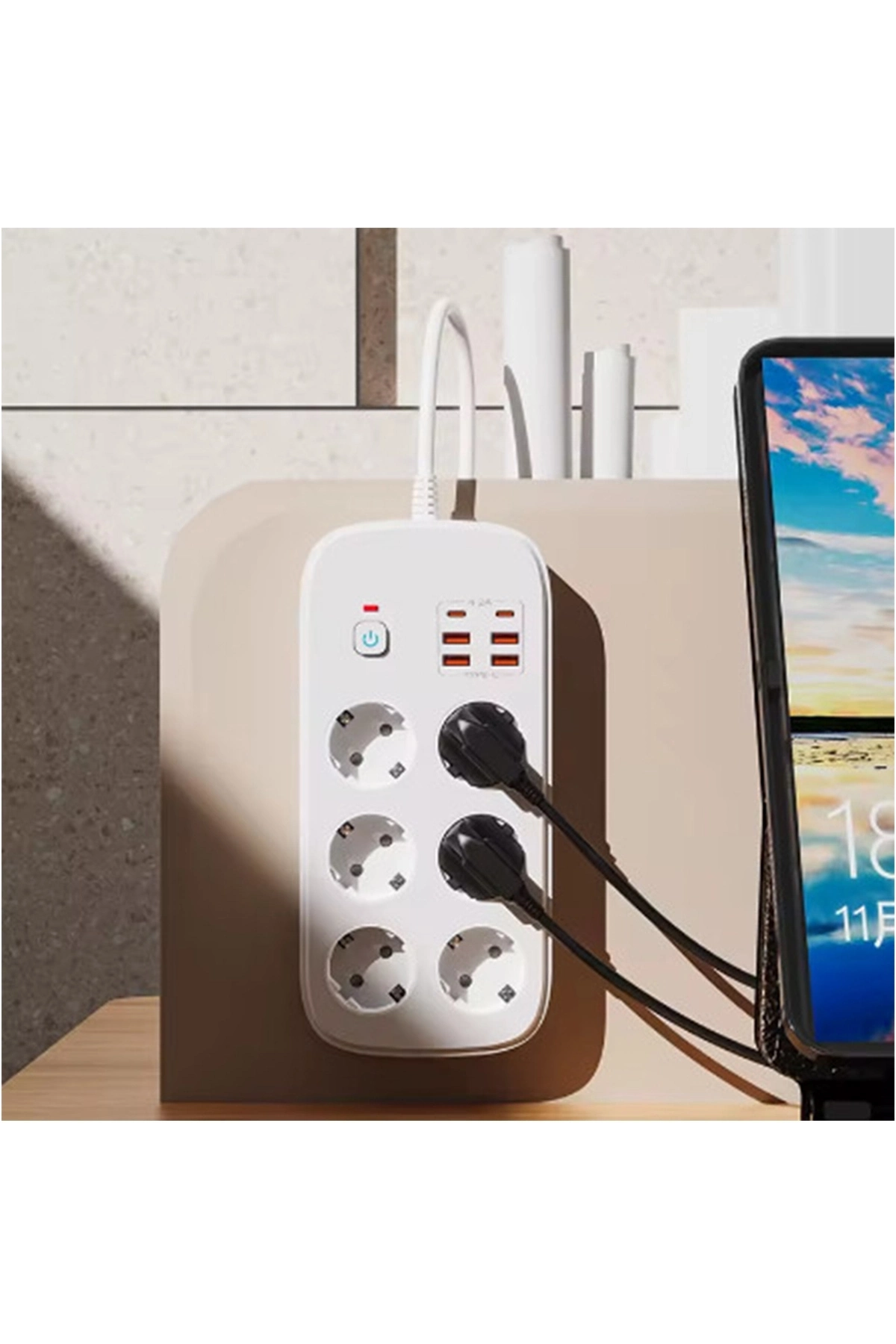 Termal Akım Korumalı 6’lü Priz 4x Usb 2x Type-c Çıkışlı Grup Priz Çoğaltıcı (3500w) Siyah - Lisinya