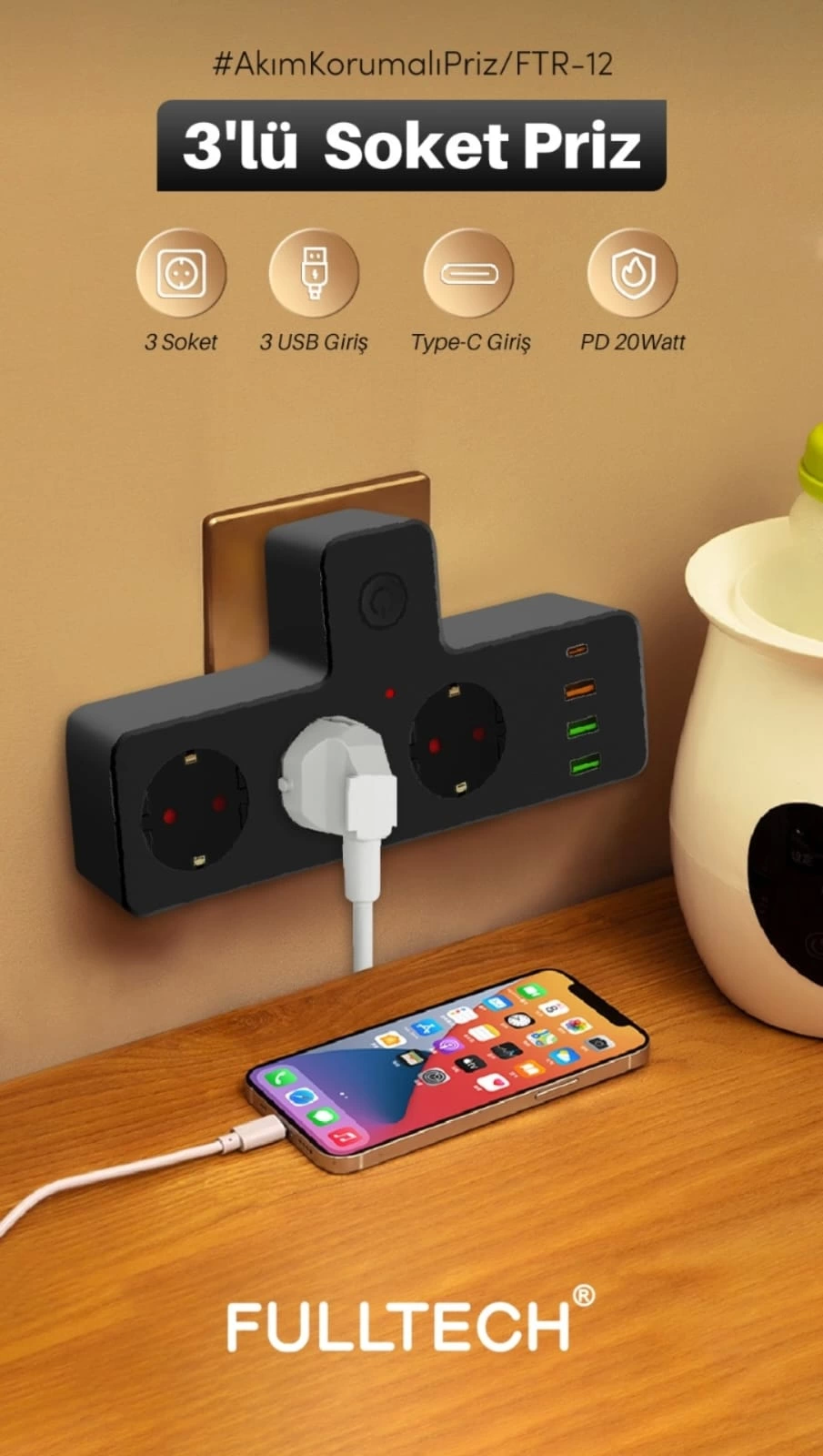 Ftr-12 Termal Akım Korumalı Isıya Dayanıklı 3’lü Priz 3x Usb 1x Type-c - Lisinya