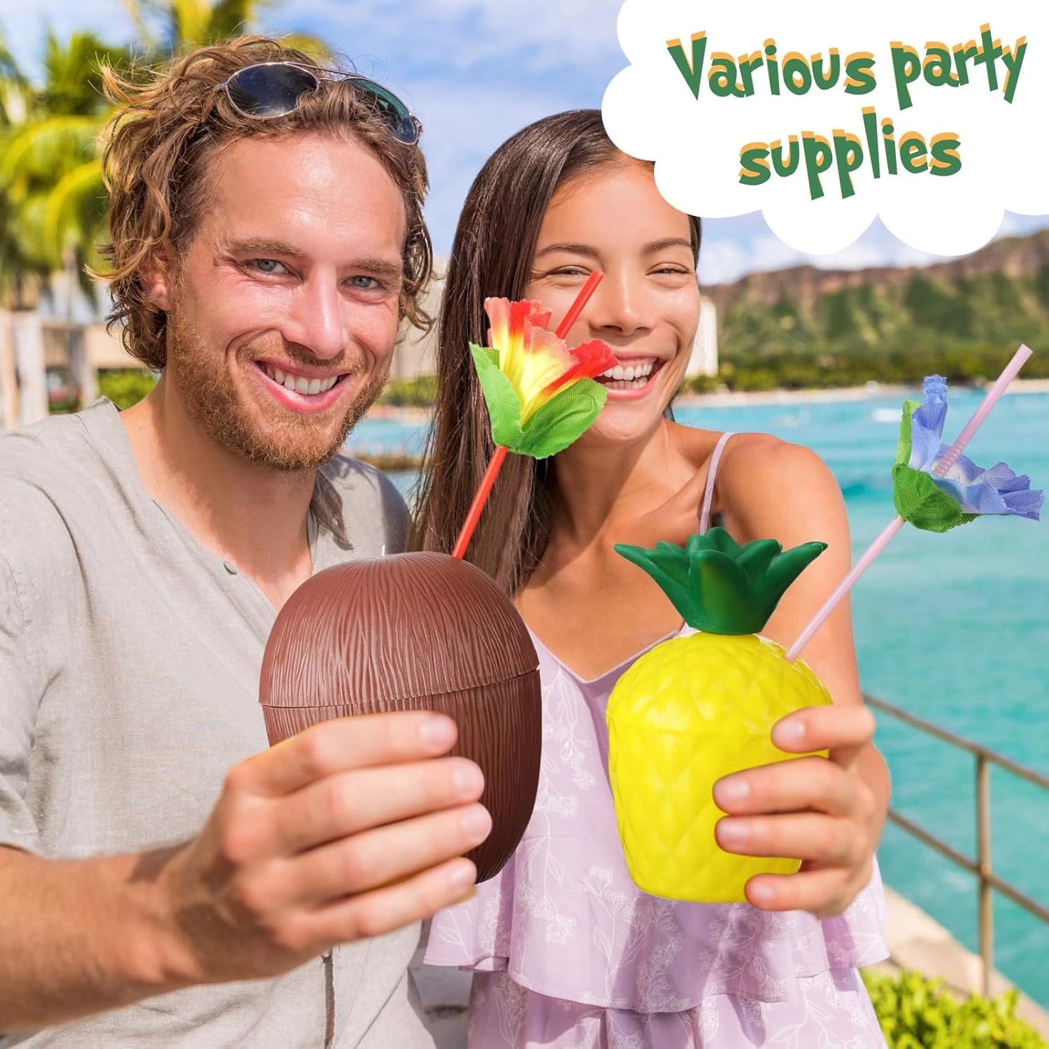 Tropikal Parti Bardak Seti – Ananas Ve Hindistan Cevizi Şekilli Pipetli Bardaklar (20 Adet) - Lisinya