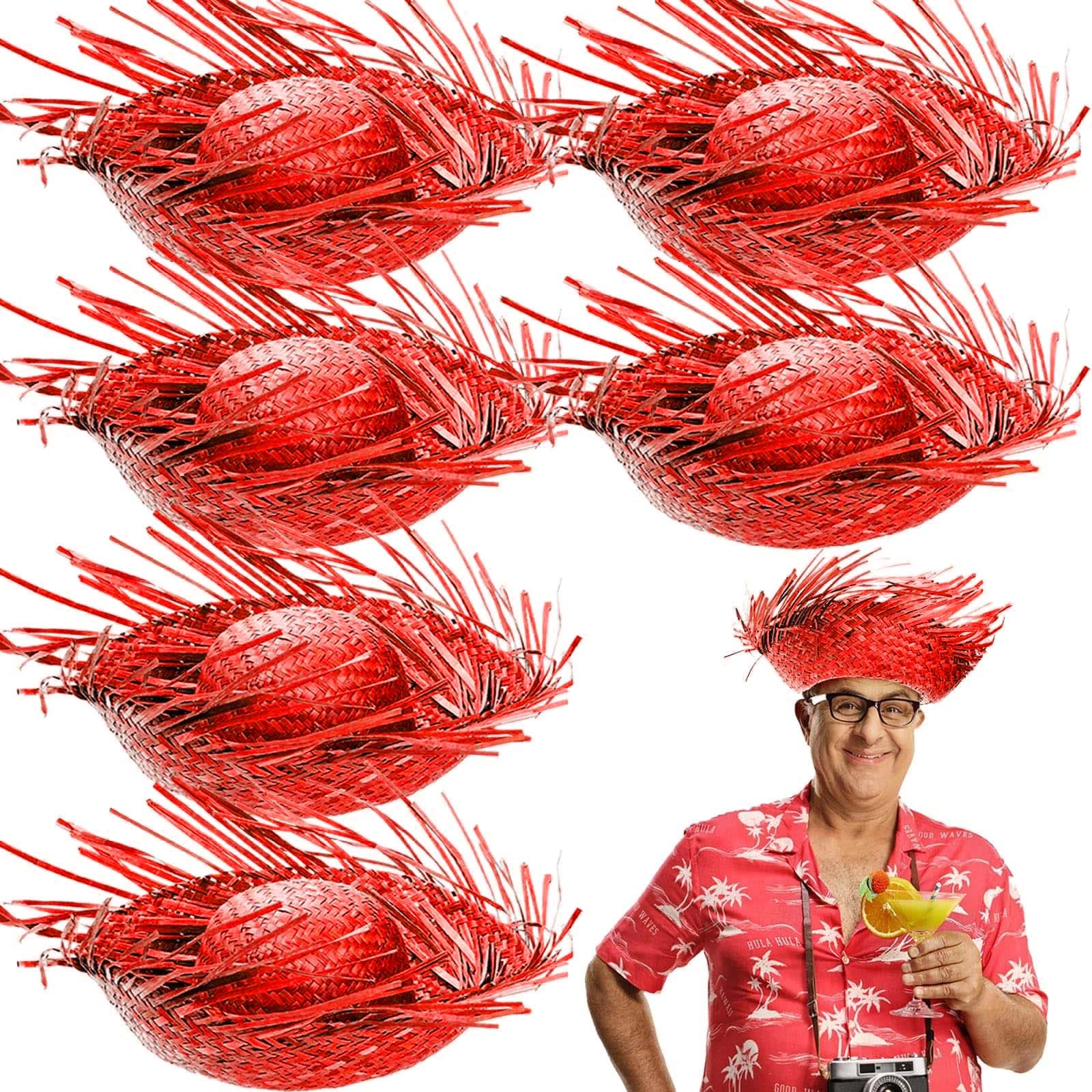 Tropikal Parti Kırmızı Hasır Hawaii Şapkası 13x36 Cm - Lisinya