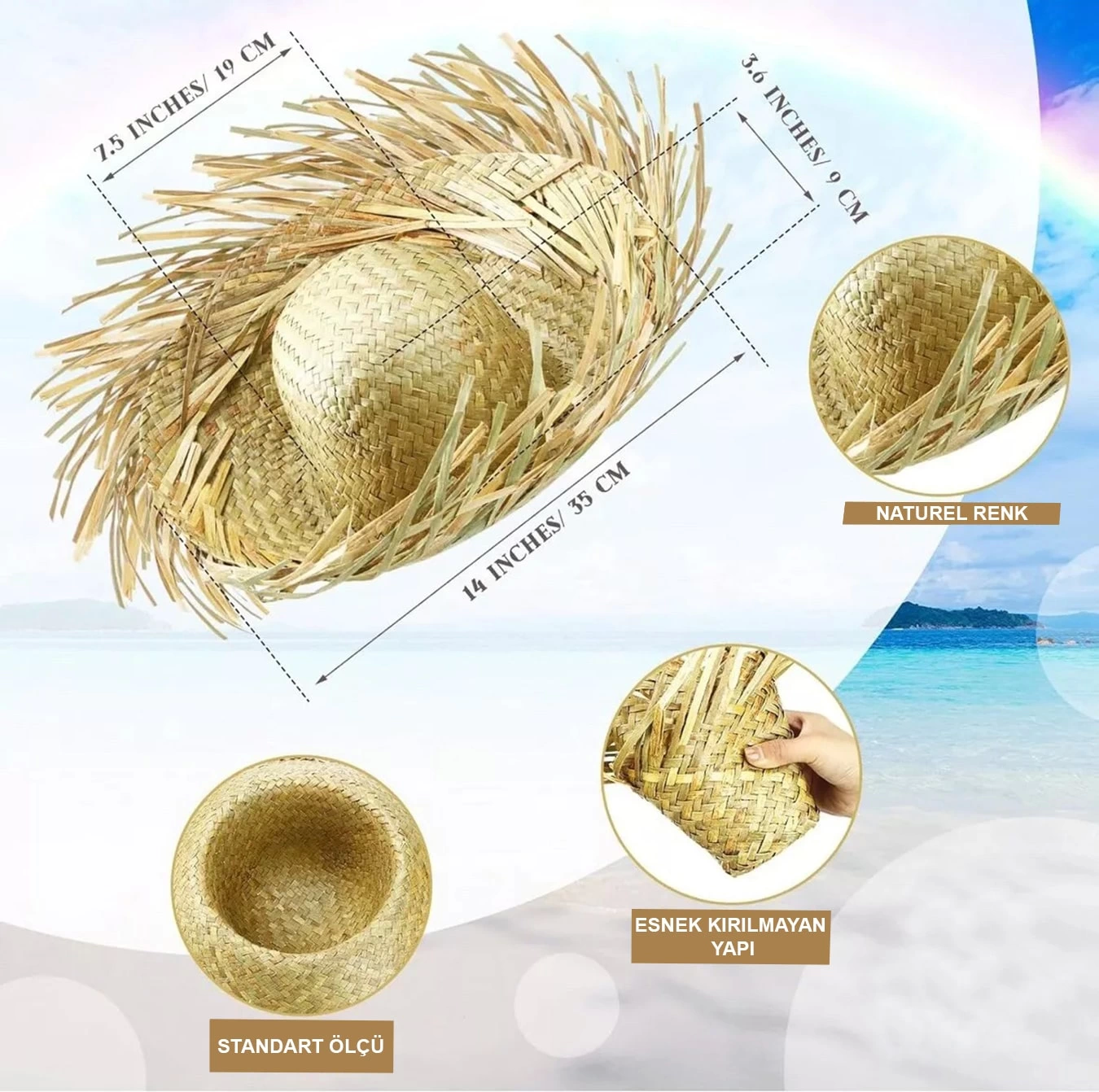Tropikal Parti Naturel Hasır Hawaii Şapkası 13x36 Cm - Lisinya