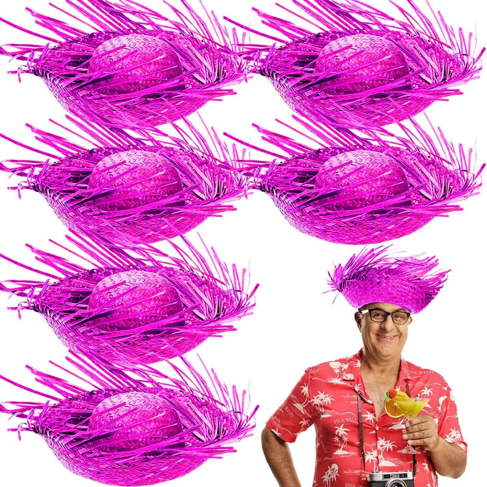Tropikal Parti Pembe Fuşya Hasır Hawaii Şapkası 13x36 Cm - Lisinya