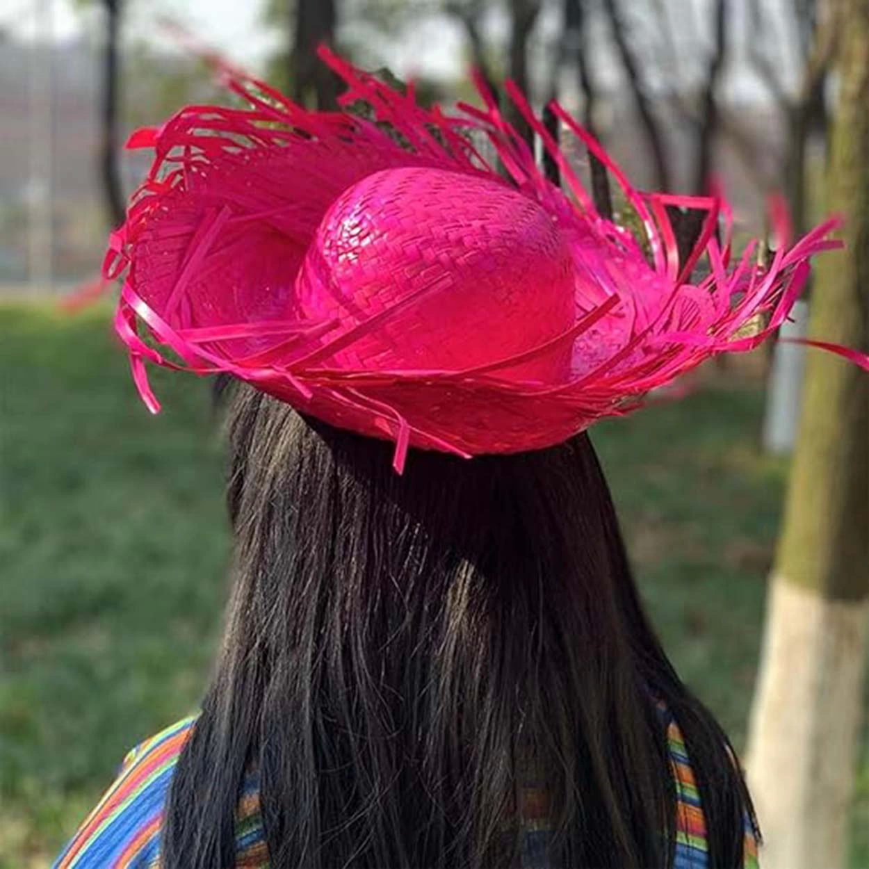 Tropikal Parti Pembe Fuşya Hasır Hawaii Şapkası 13x36 Cm - Lisinya