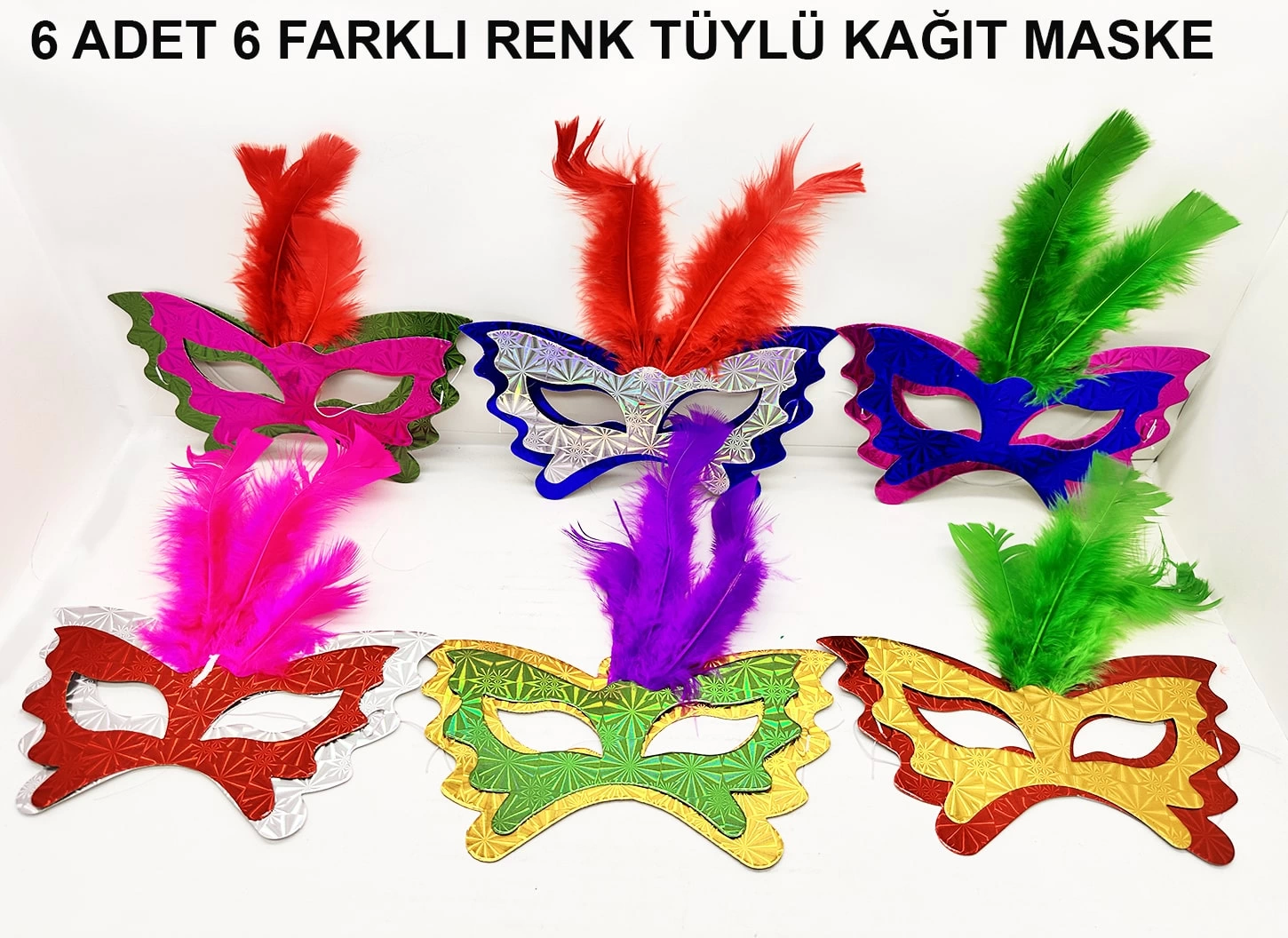 Renkli Parti Maskesi 639lı | Tüylü Karton Maske Seti (lastikli) - Lisinya