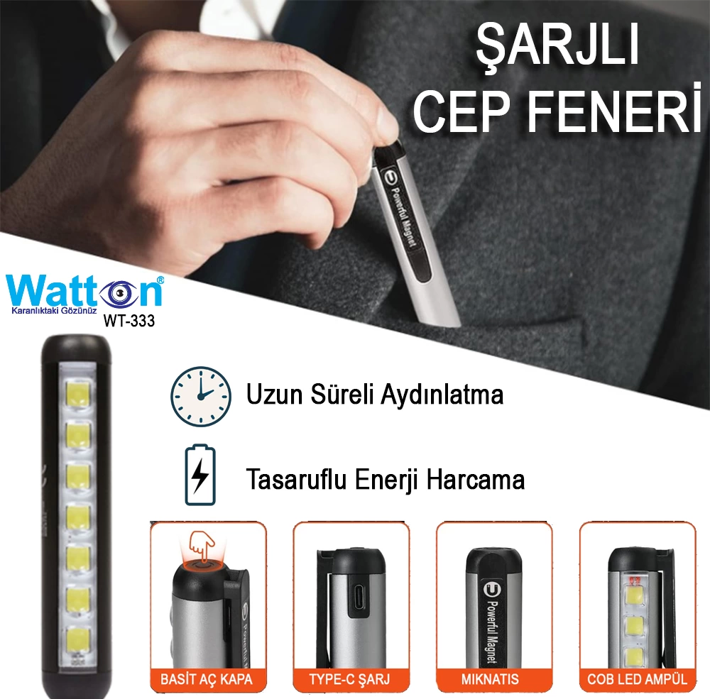 Type-c Girişli Mıknatıslı Şarjlı Cep Feneri  Wt-333 - Lisinya
