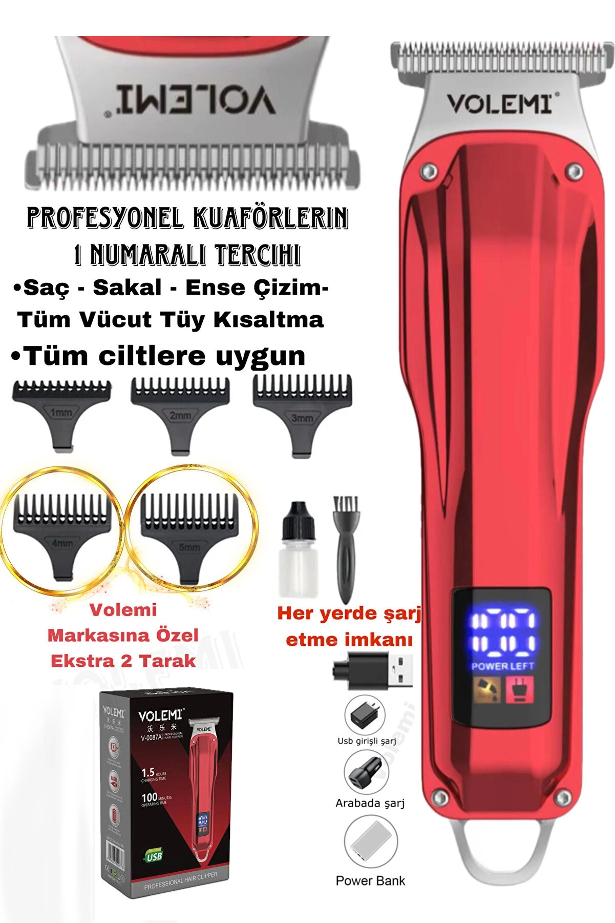 V-0087a Profesyonel Şarj Göstergeli Saç Sakal Lazer Öncesi Tüm Vücut Tıraş Makinesi - Lisinya