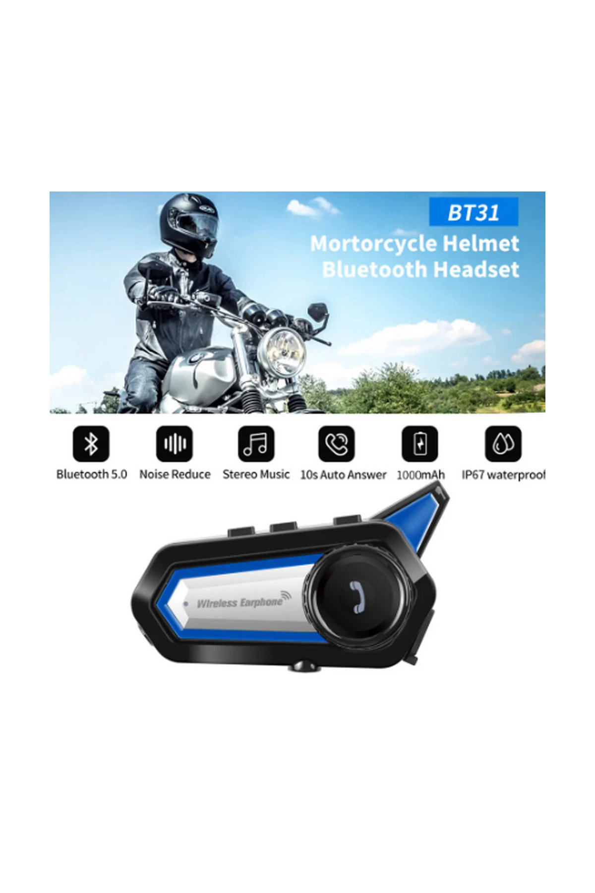 Bt31 Kask Kulaklık Bluetooth 5.0 Motosiklet Interkom Su Geçirmez Kablosuz Kulaklık - Lisinya
