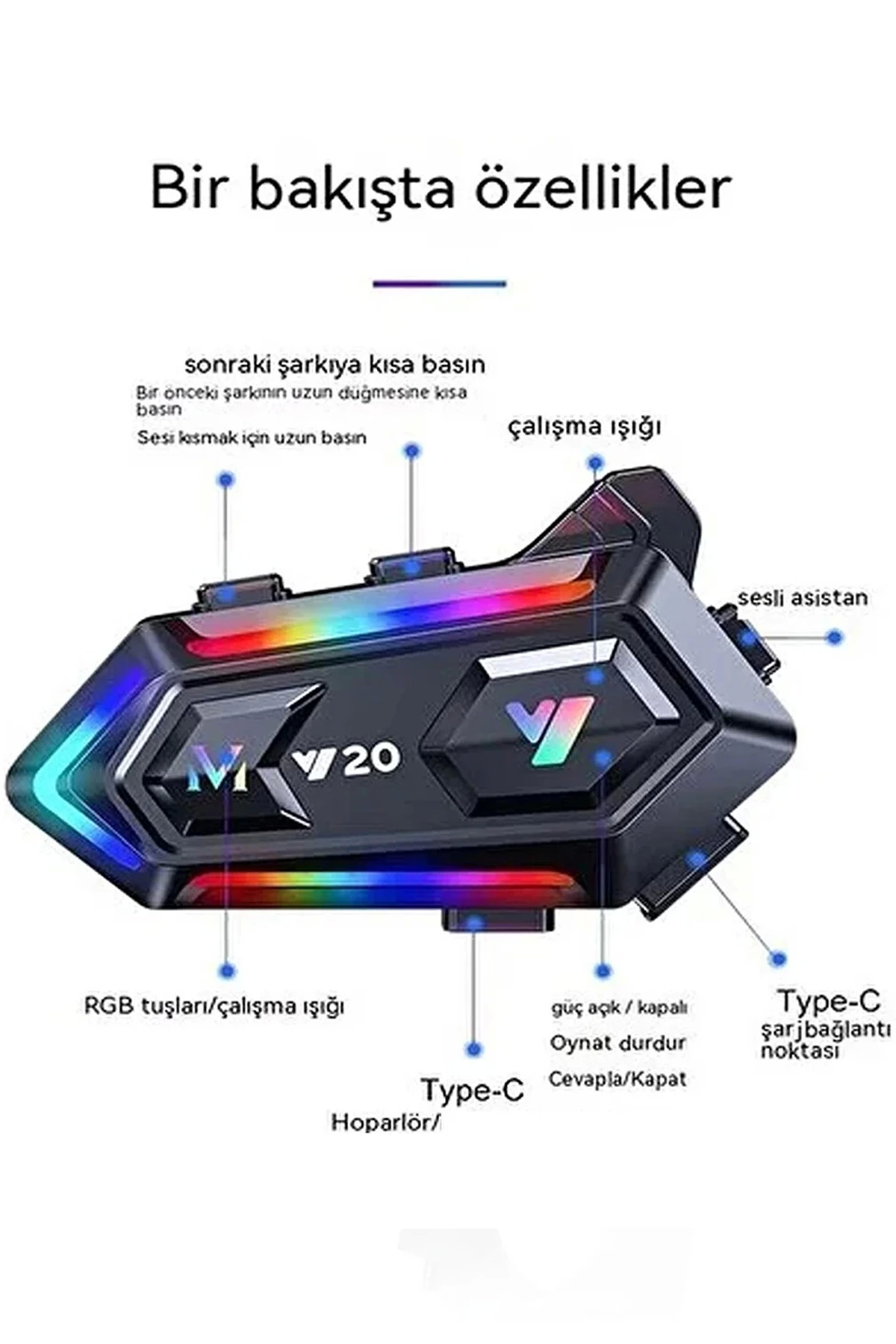Y20 Motor Kurye Kask Kulaklık Rgb Modlu Bluetooth Motosiklet Kulaklık 5.3 Bluetooth Interkom - Lisinya