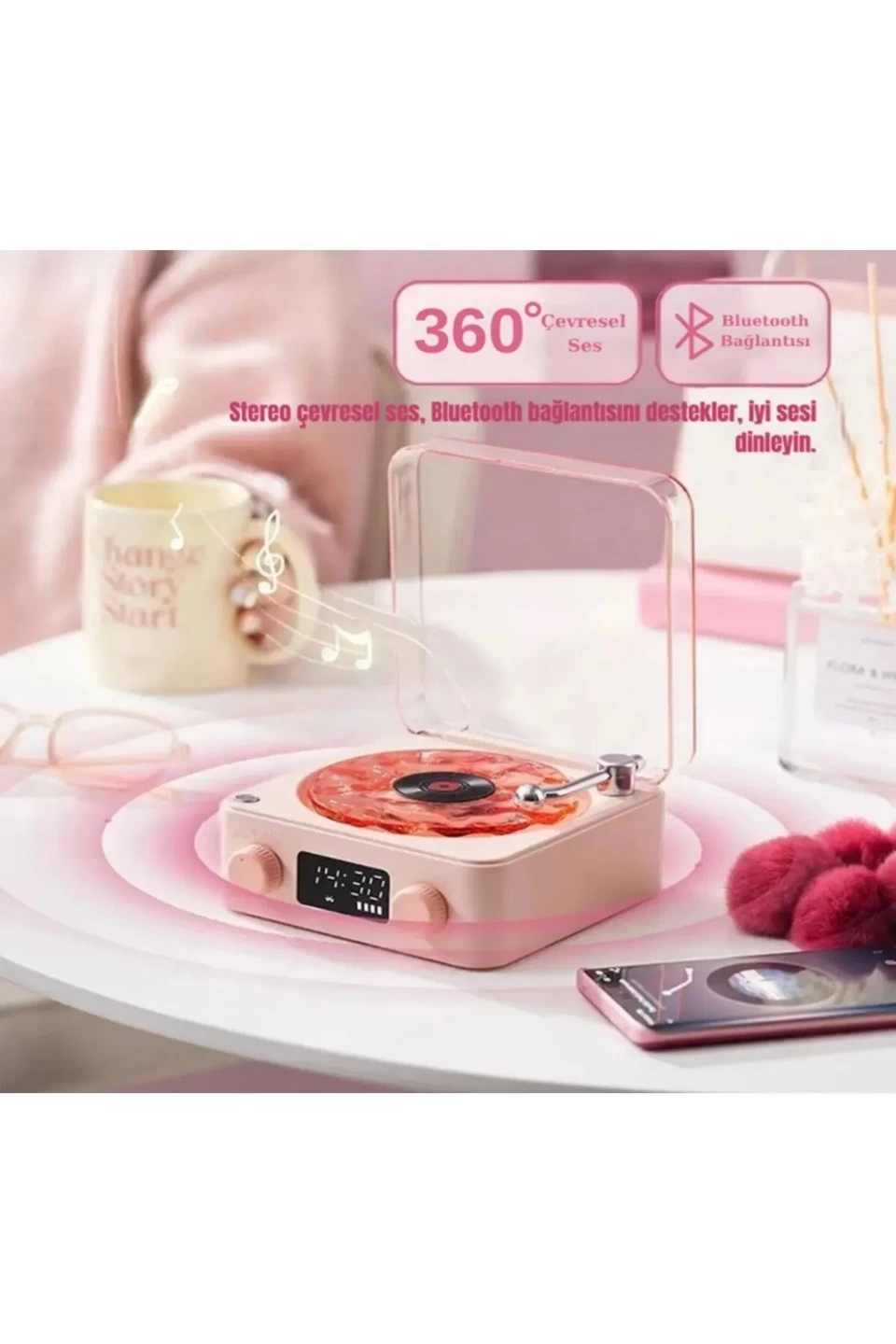 Waves Nostalji Plak Görünümlü Bluetooth Hoparlör 3d Ses Dalgası Retro Müzik Plak Pembe - Lisinya Waves Nostalji Plak Görünümlü Bluetooth Hoparlör 3d Ses Dalgası Retro Müzik Plak Pembe - Lisinya
