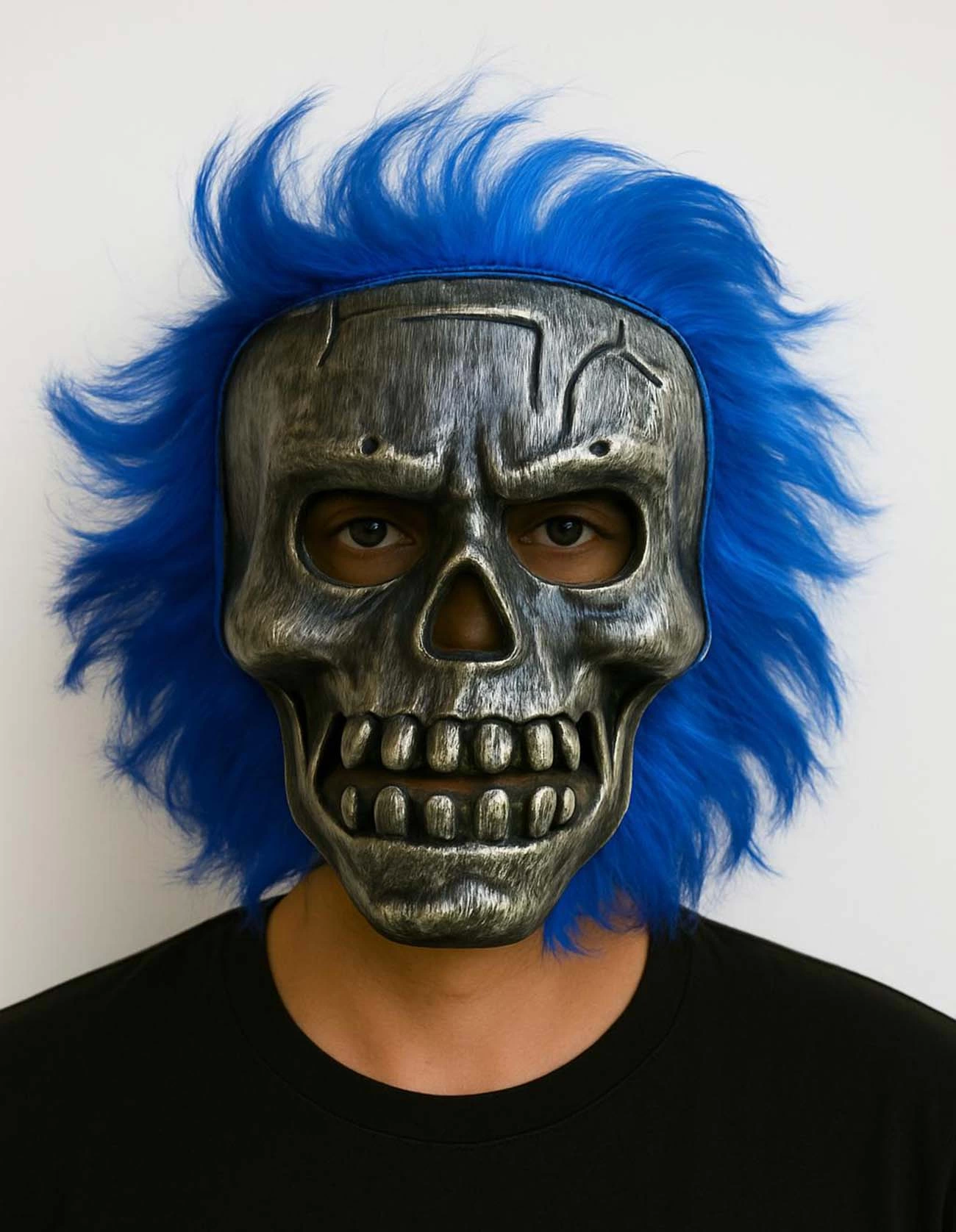 Wild Skull - Gümüş Kafatası Mavi Saçlı İskelet Maske - Lisinya