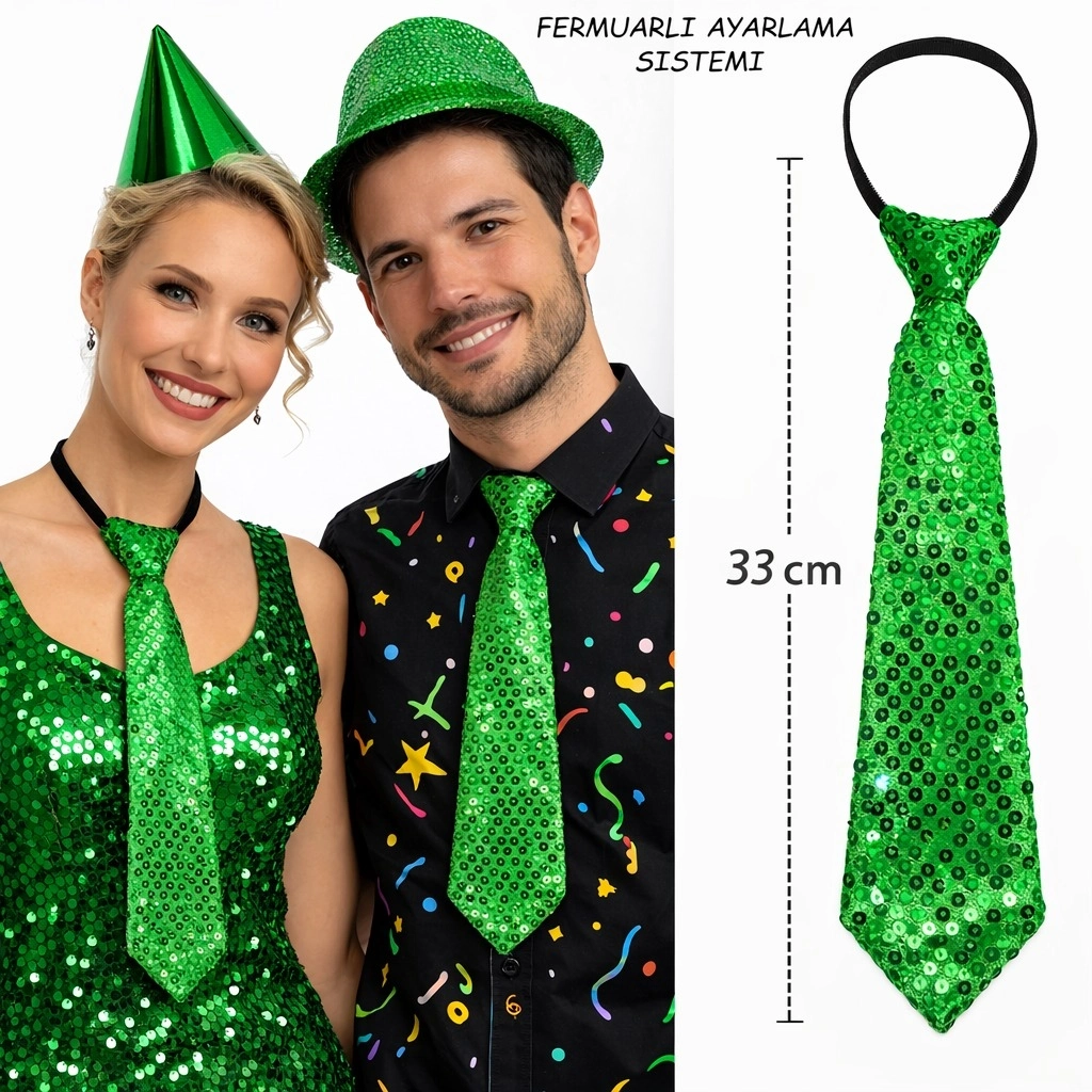 Yeşil Renk Pul Payetli Işıltılı Parti Kravatı 33 Cm - Lisinya