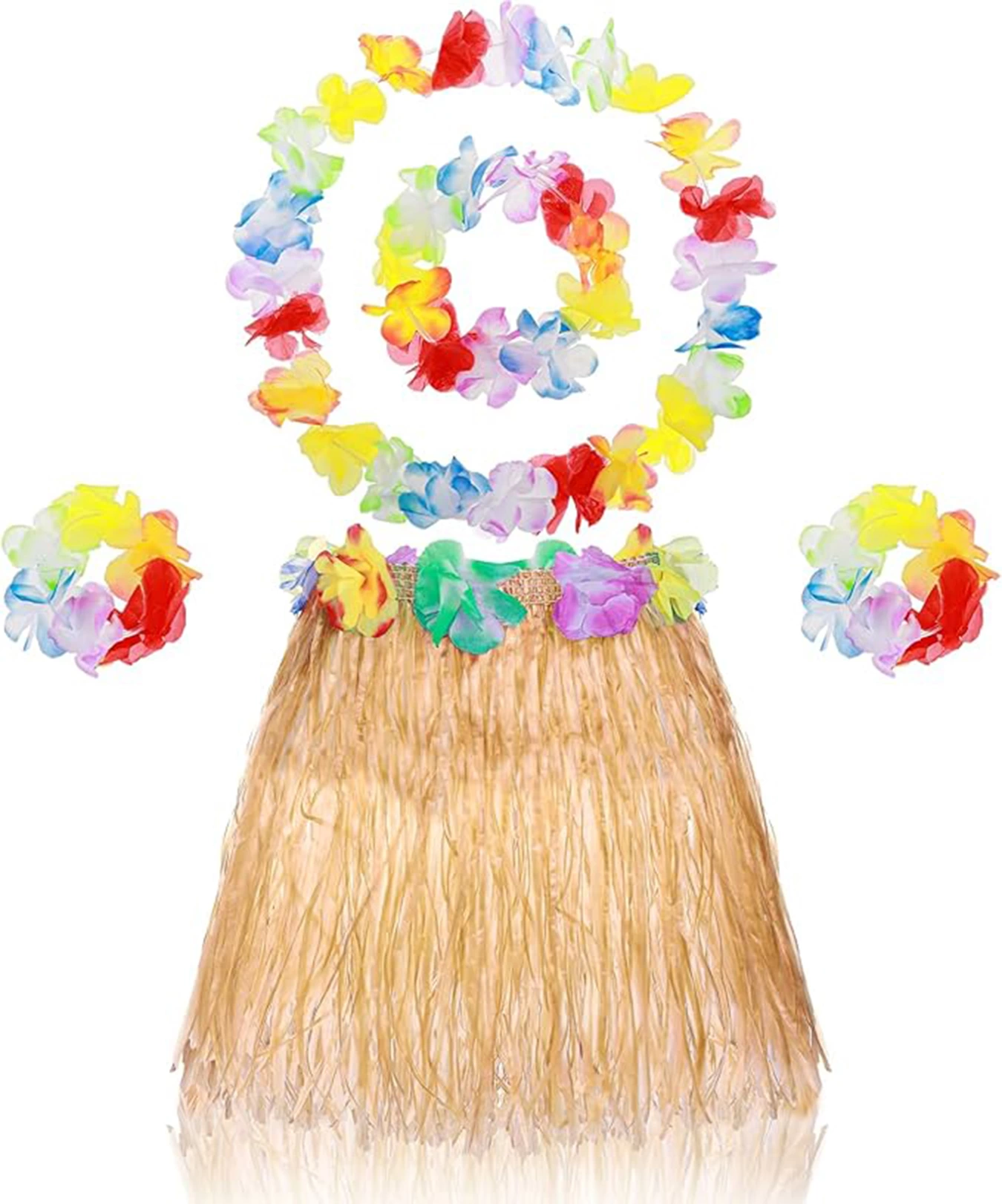 Yetişkin Çocuk Hawaii Parti Seti - 40 Cm Naturel Etek + Çiçek Aksesuarlar (5 Parça) - Lisinya