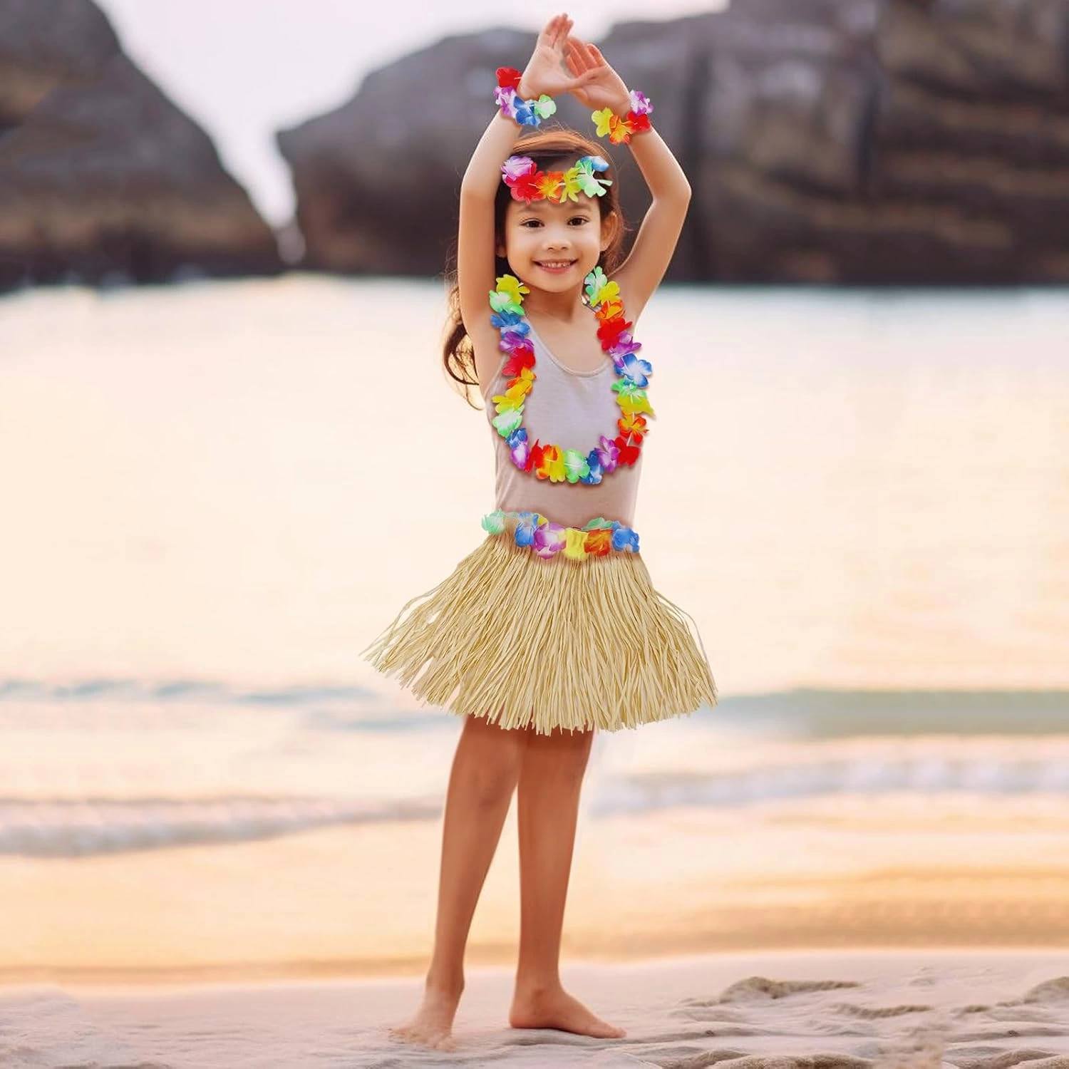 Yetişkin Çocuk Hawaii Parti Seti - 40 Cm Naturel Etek + Çiçek Aksesuarlar (5 Parça) - Lisinya