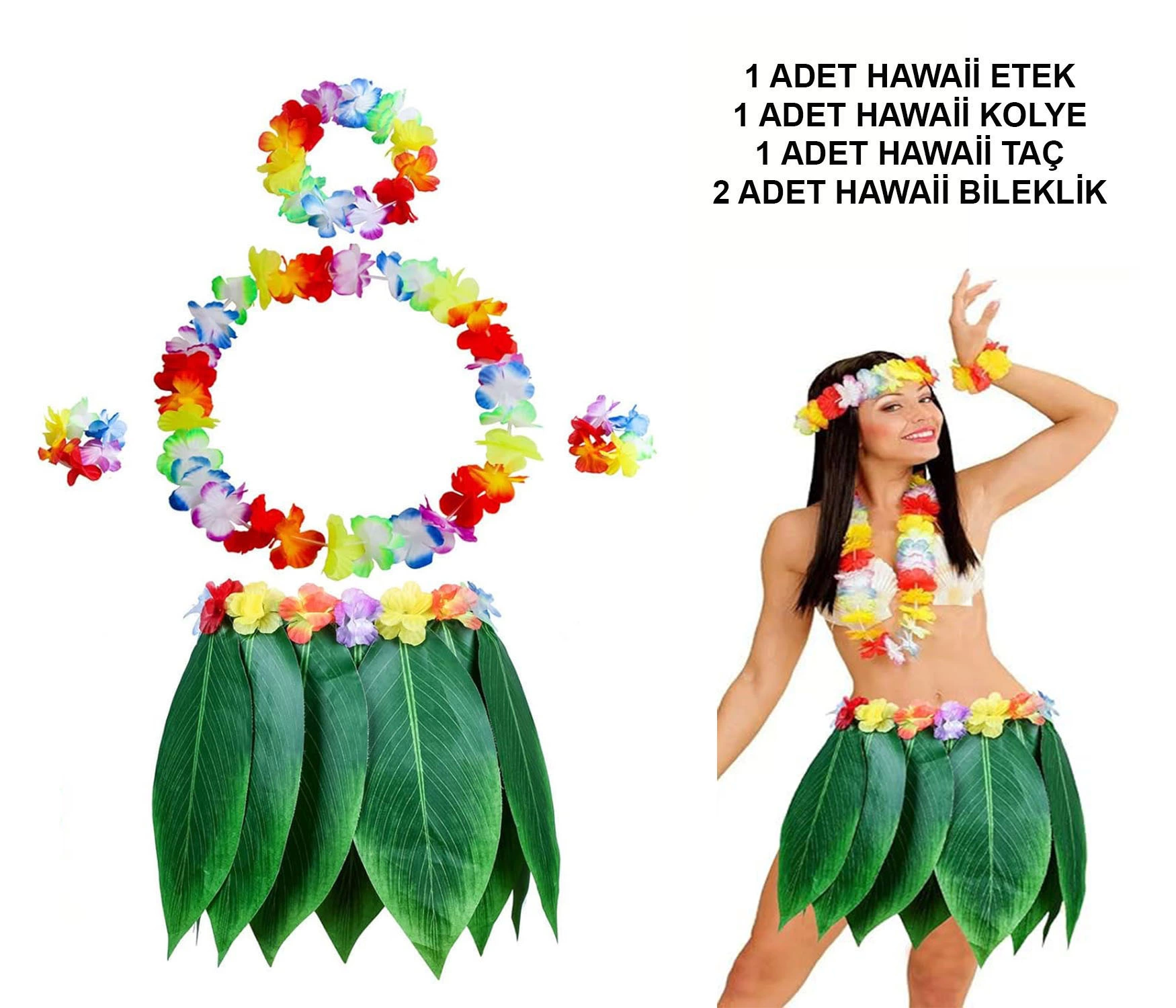Yetişkin Hawaii Kostüm Seti - Yaprak Etek  Hawaii Set - 5 Parça - Lisinya