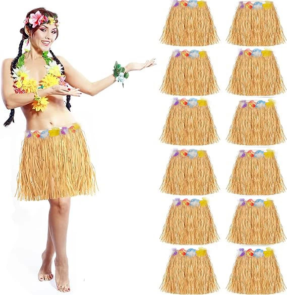 Yetişkin Ve Çocuk Uyumlu Saman Renk Hawaii Luau Hula Etek 40 Cm 12 Adet - Lisinya