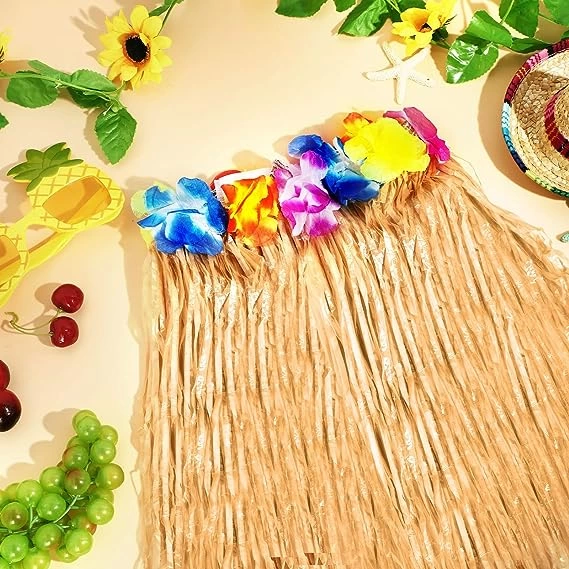 Yetişkin Ve Çocuk Uyumlu Saman Renk Hawaii Luau Hula Etek 40 Cm 12 Adet - Lisinya